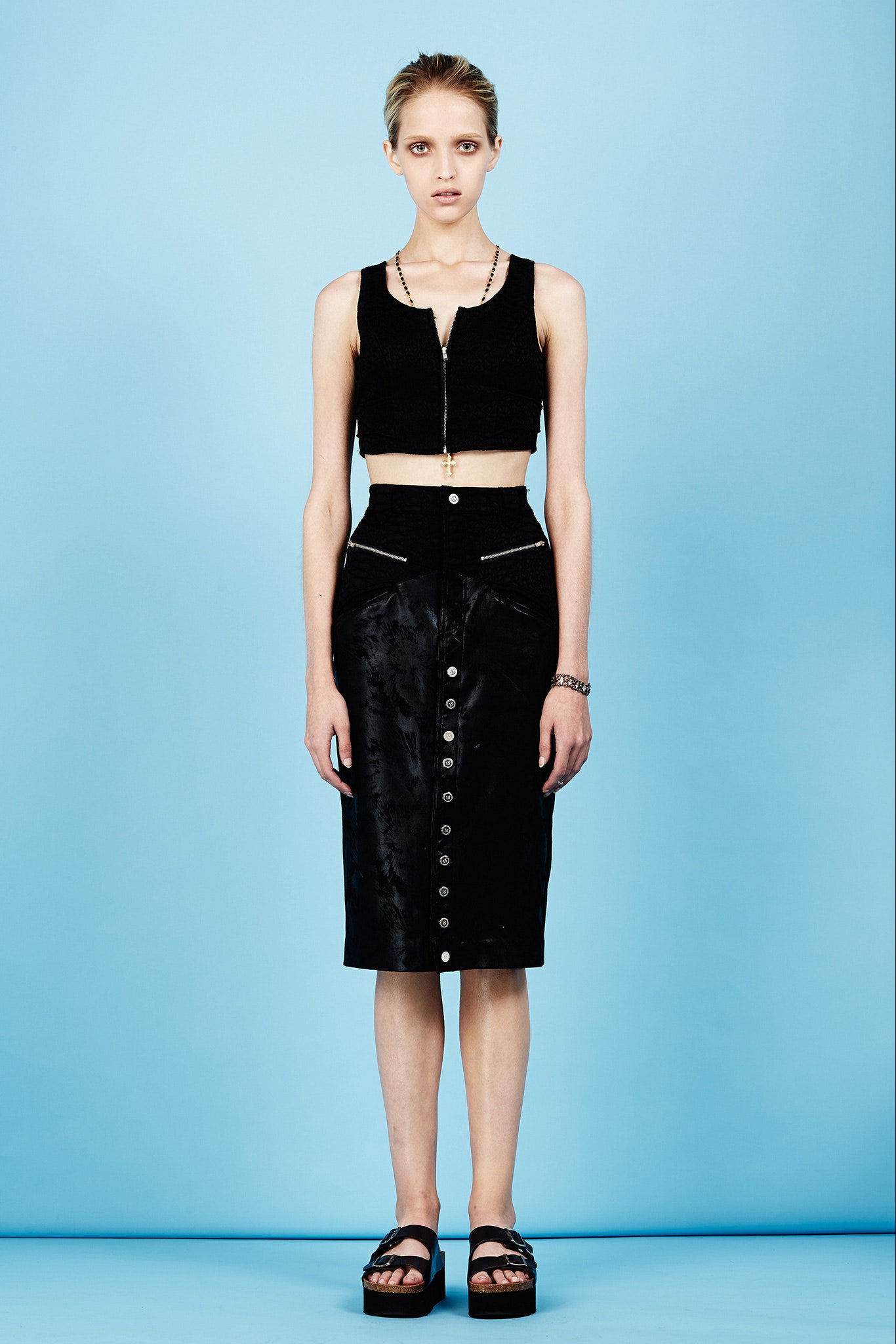black suede fitted high-waisted buttoned pencil midi skirt