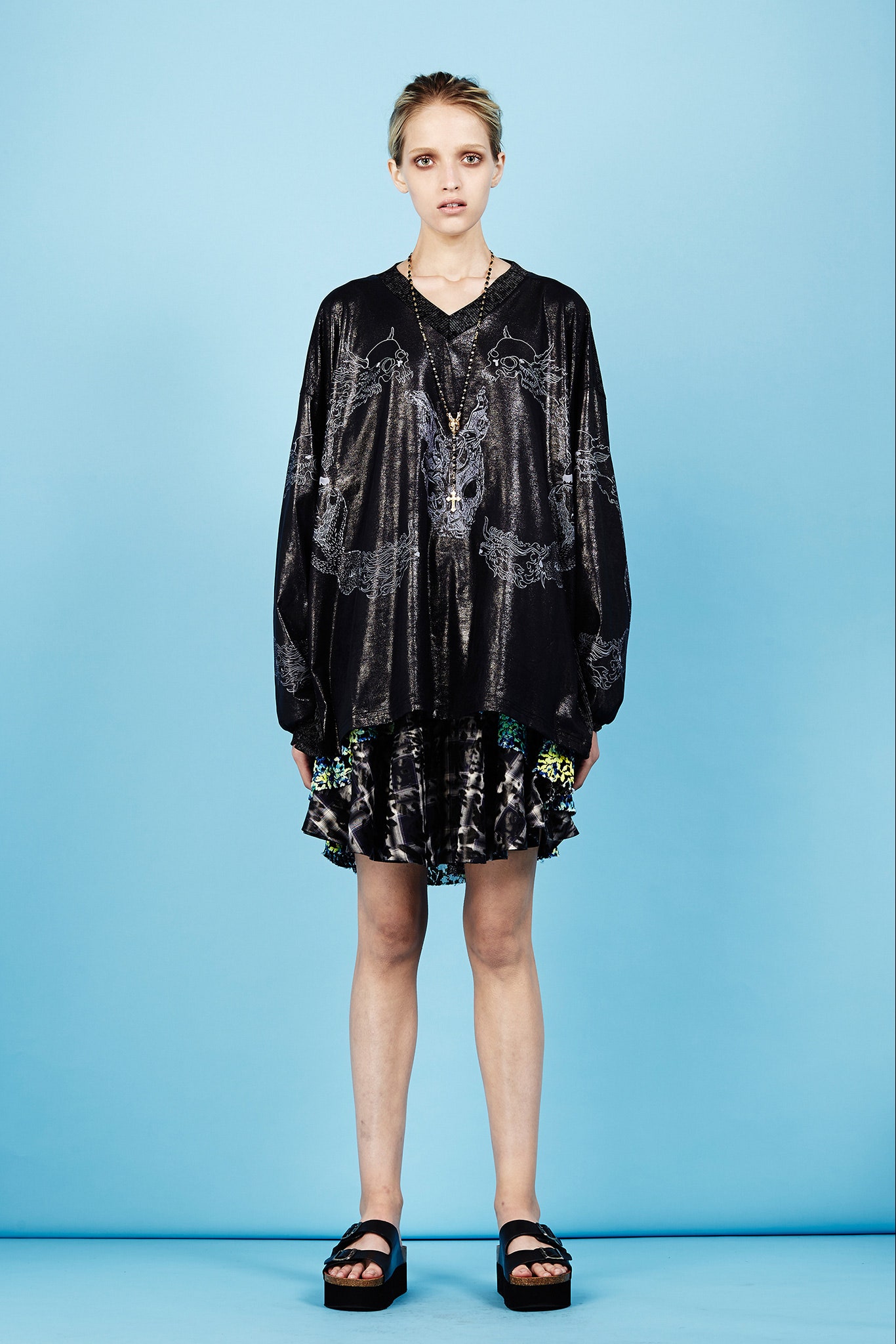 black oversized blouse with ruffled skirt