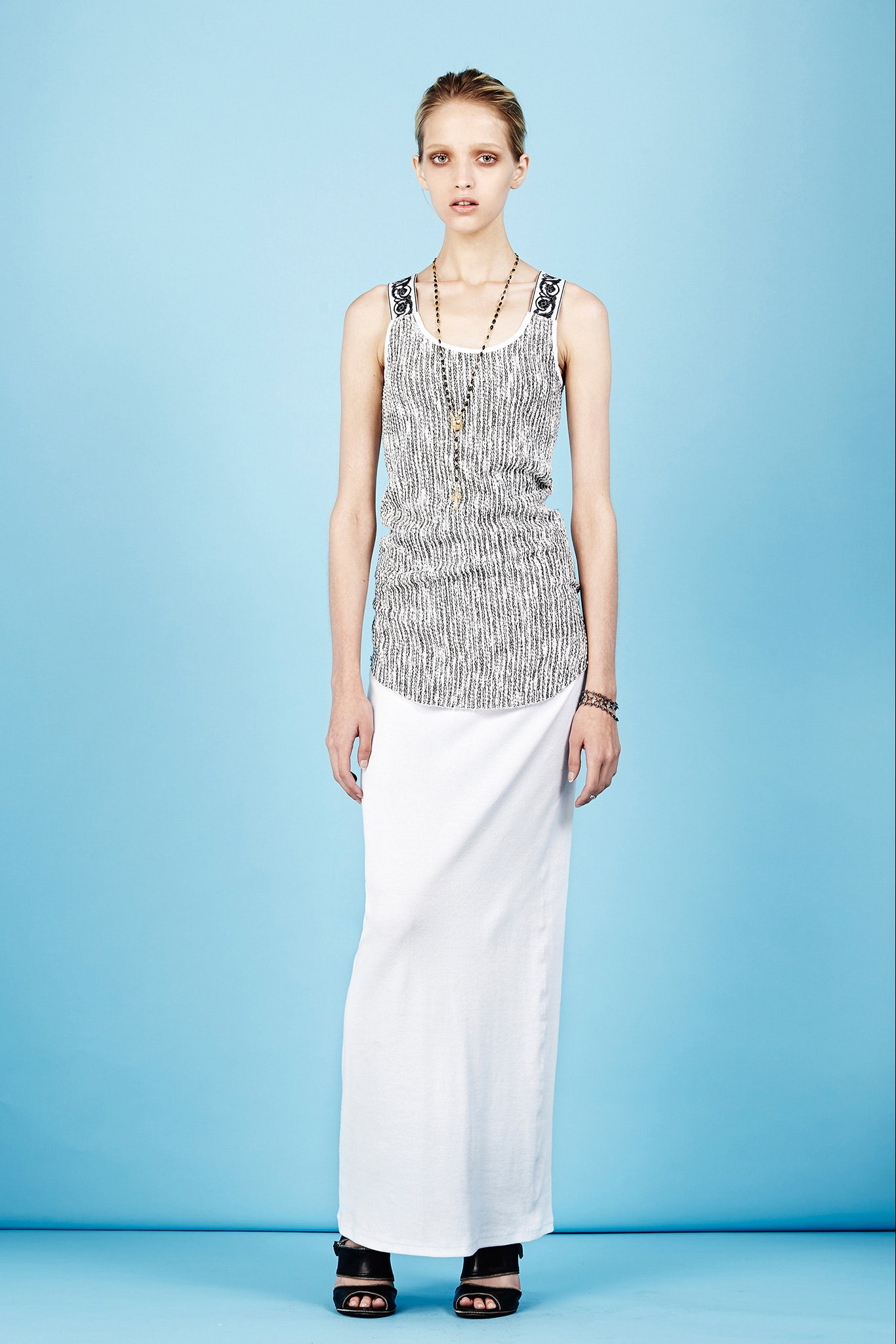 black and white striped top with white maxi skirt