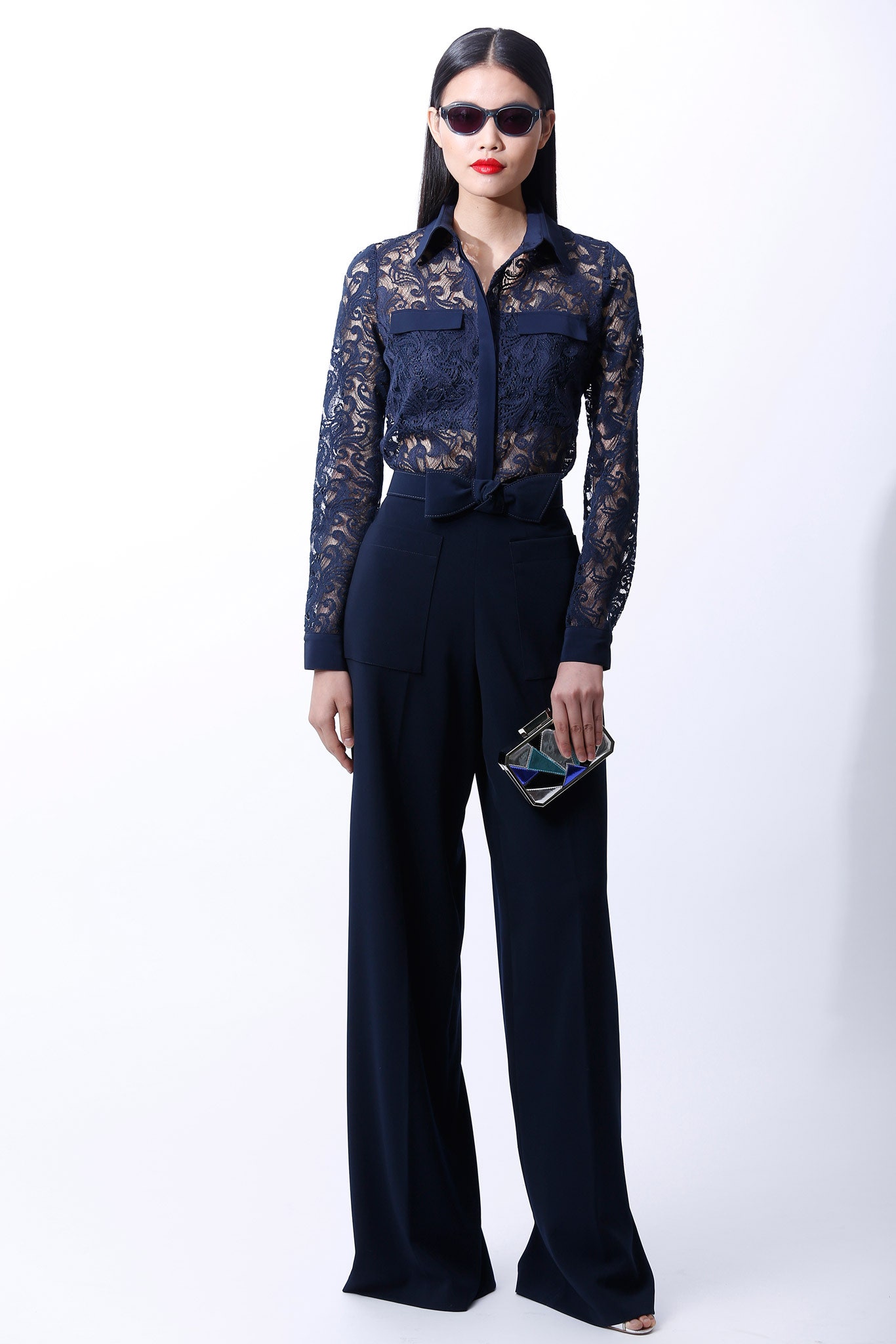 blue lace long-sleeve collared fitted embroidered shirt