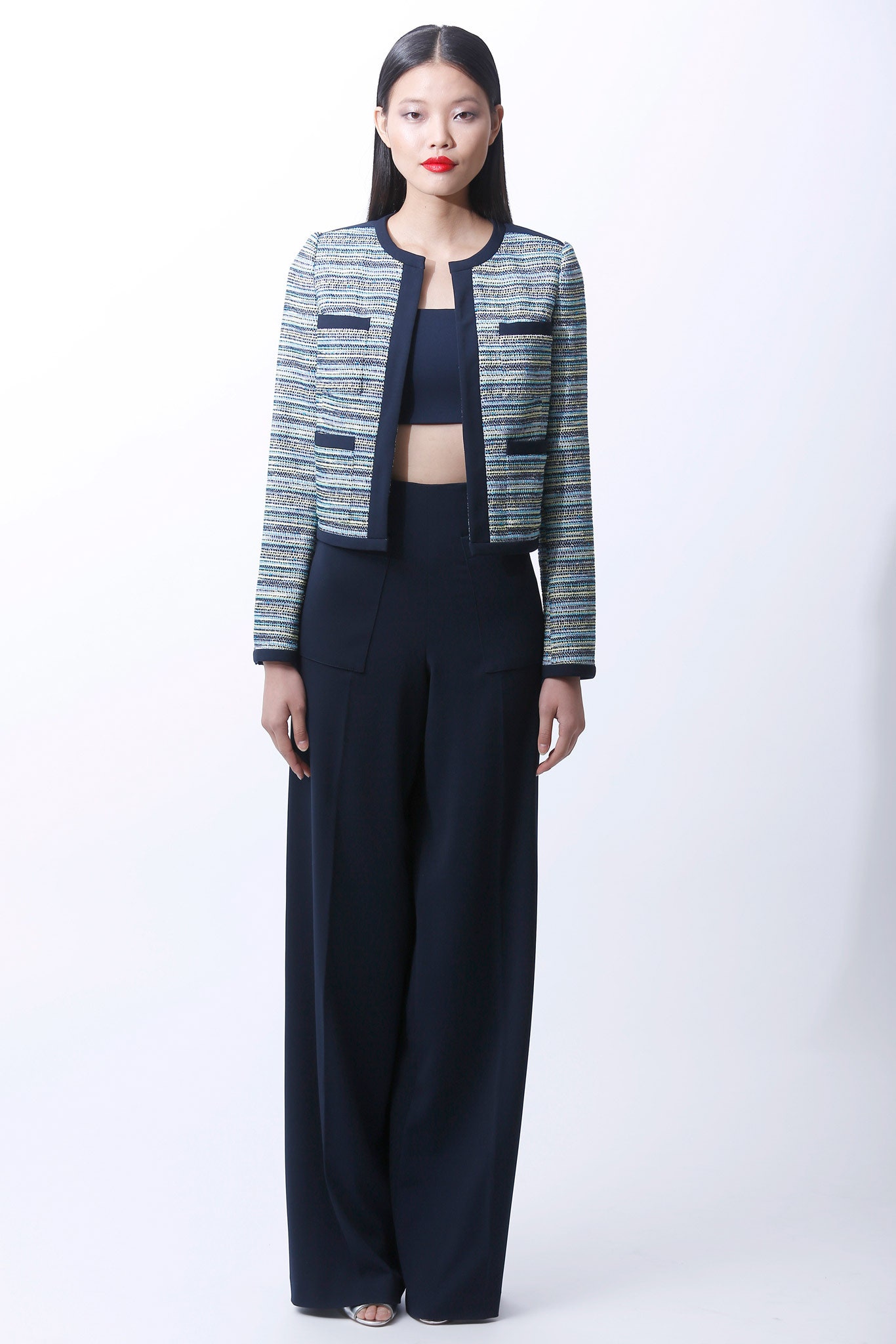 fitted blue jacket with black top