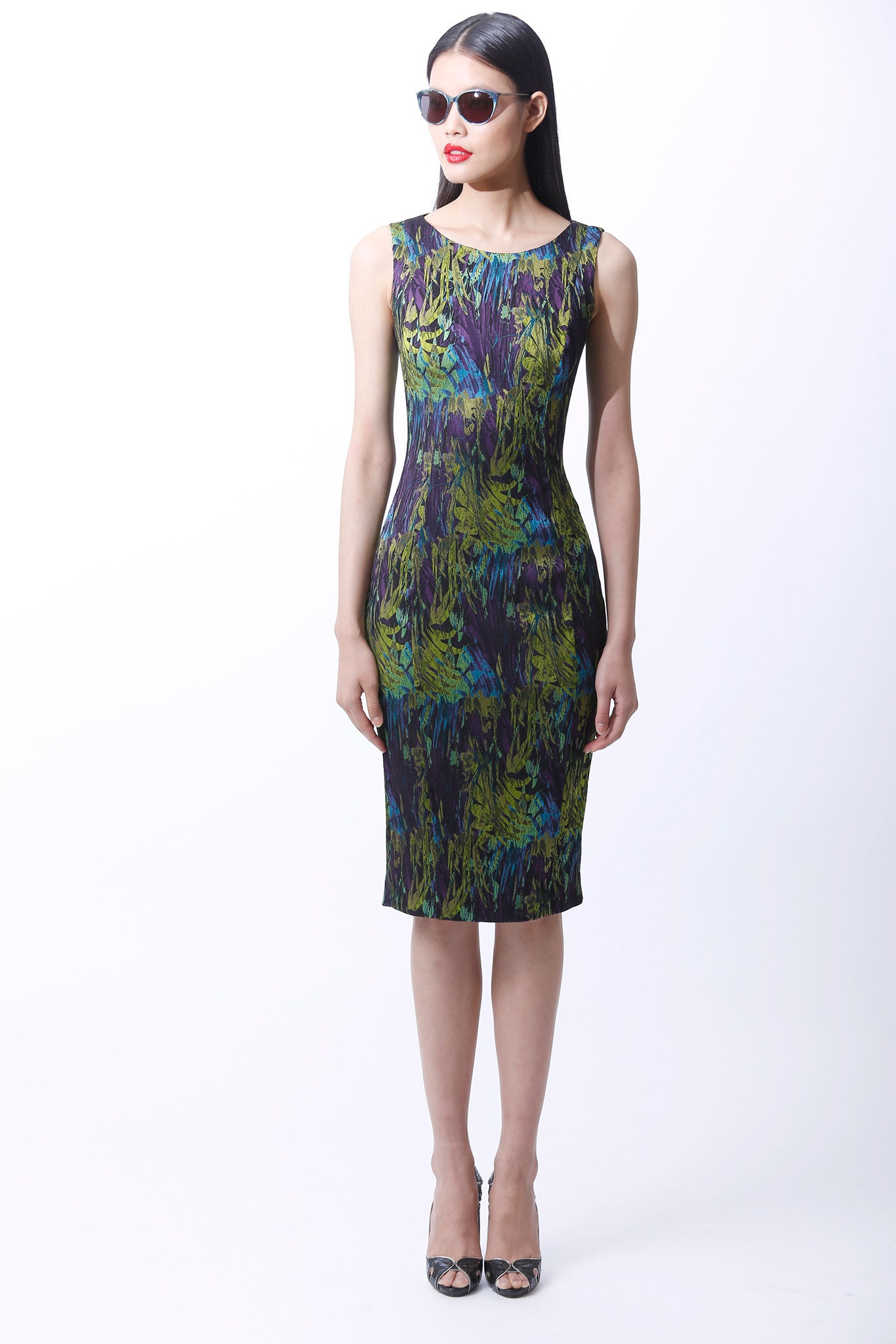 fitted midi dress with sunglasses