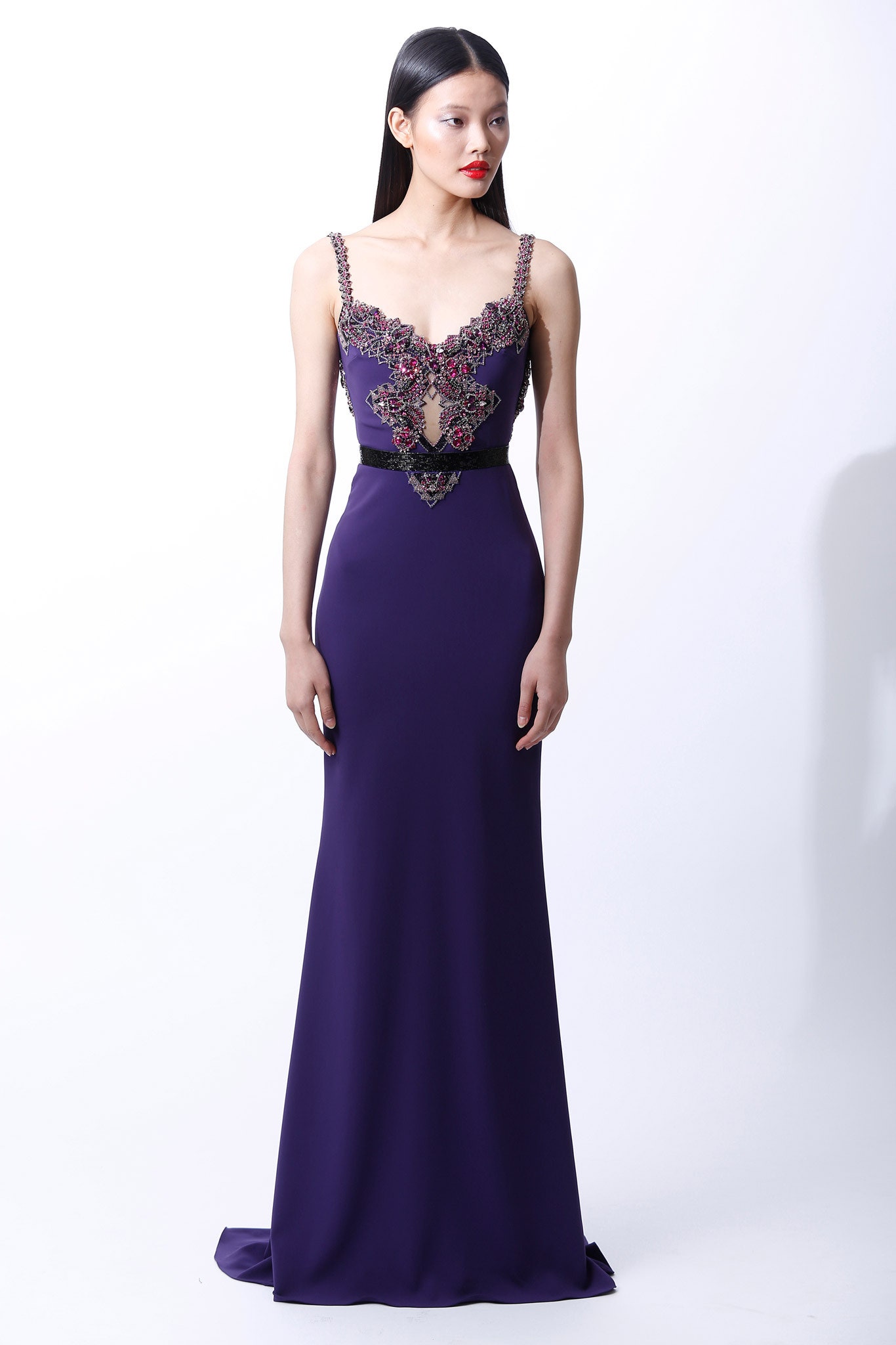 purple silk fitted gown