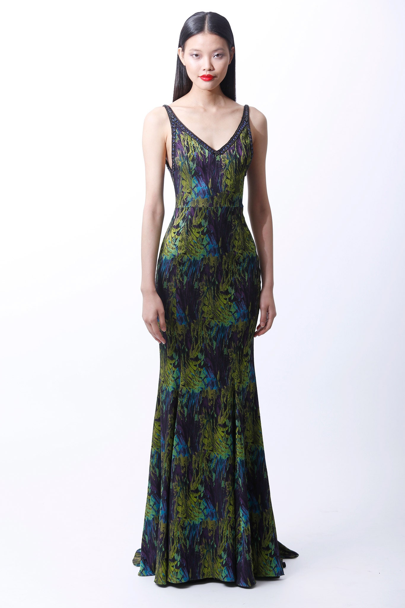 fitted silk gown with flared hem