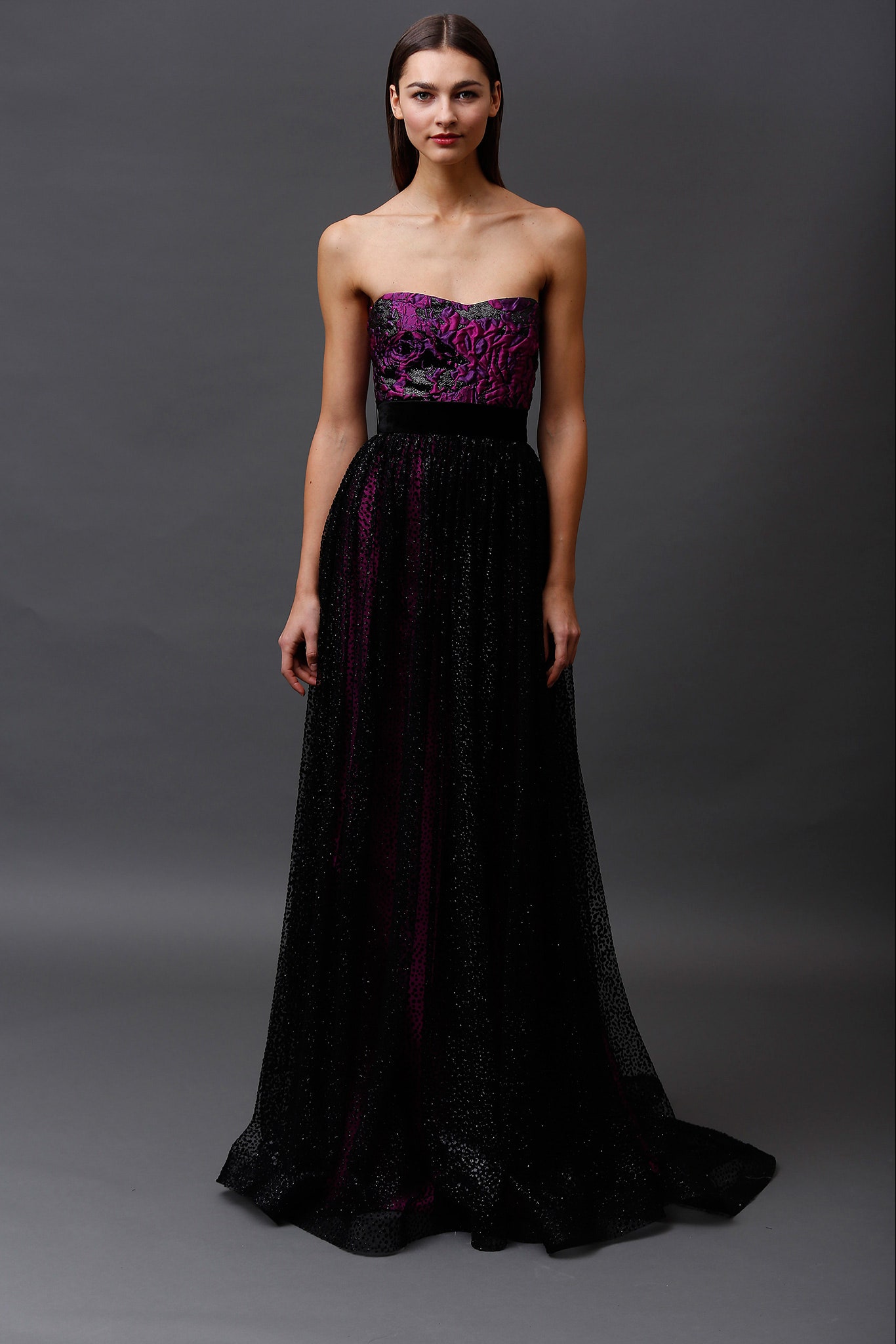 black and purple strapless gown
