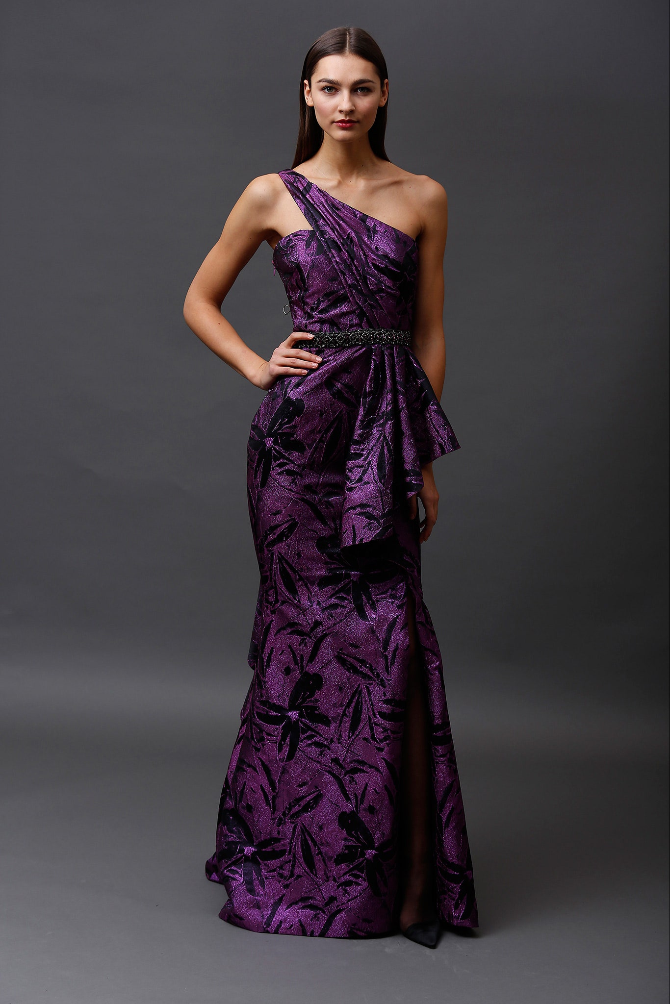 fitted purple silk gown