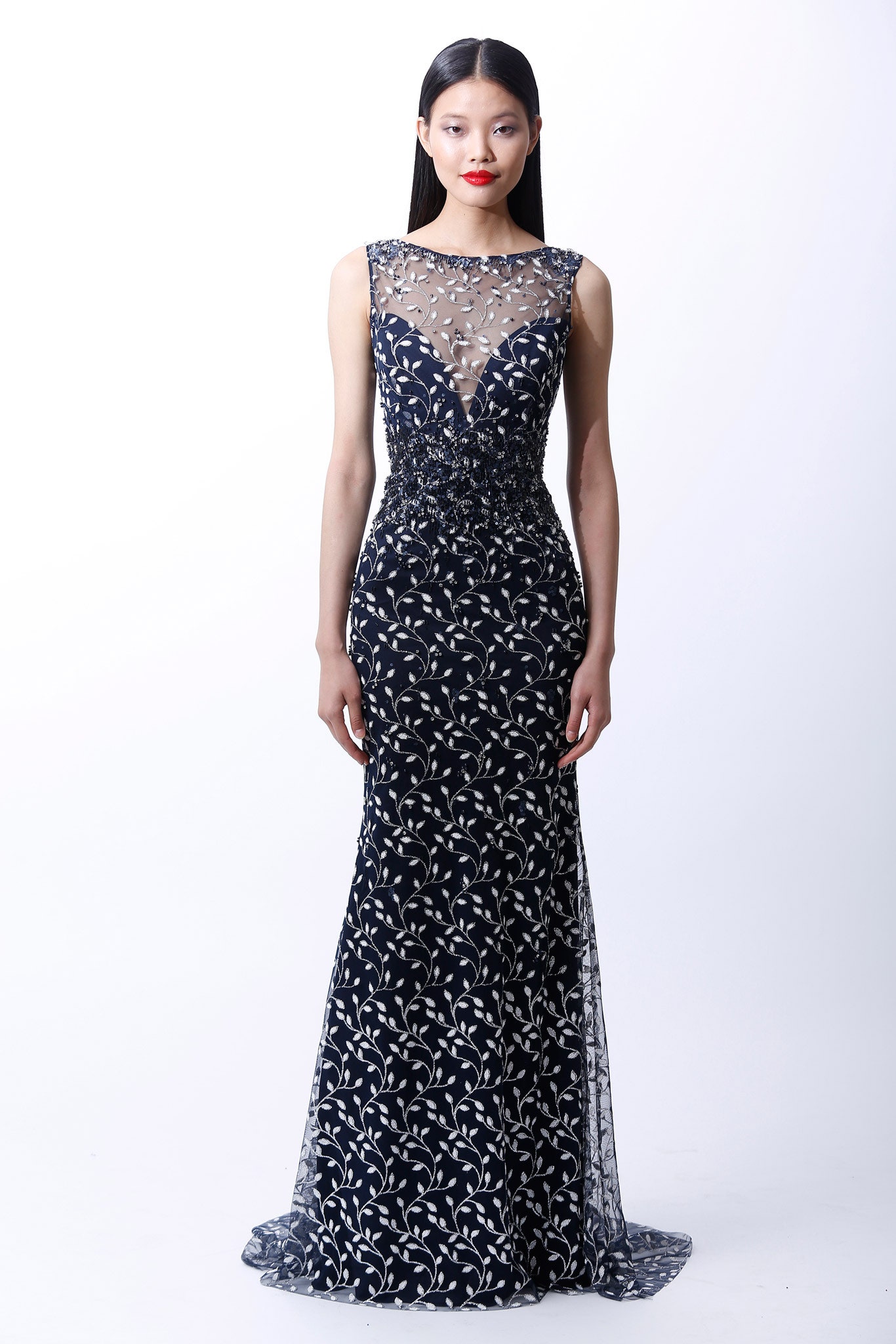 navy lace embroidered gown