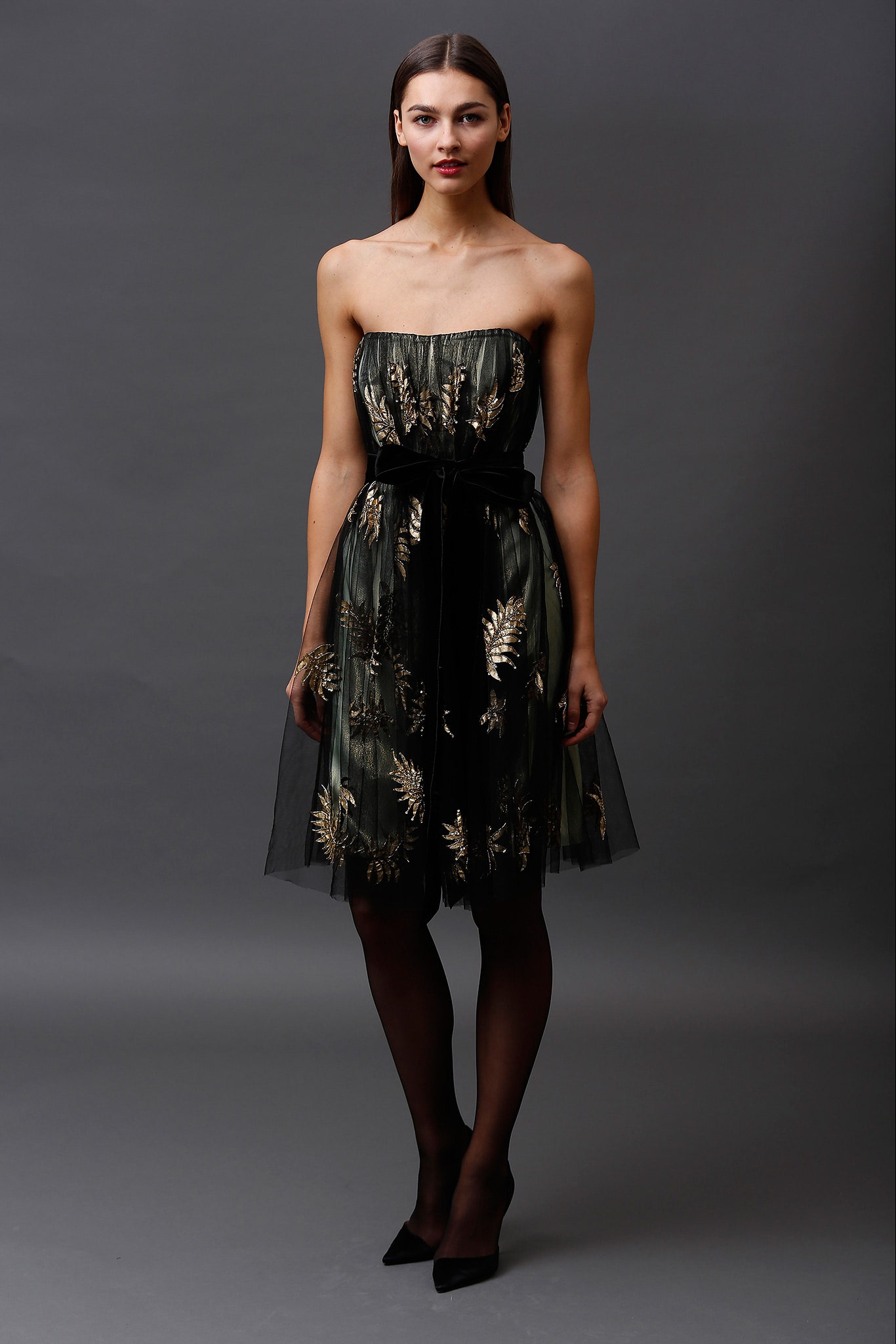 black and gold embroidered midi dress