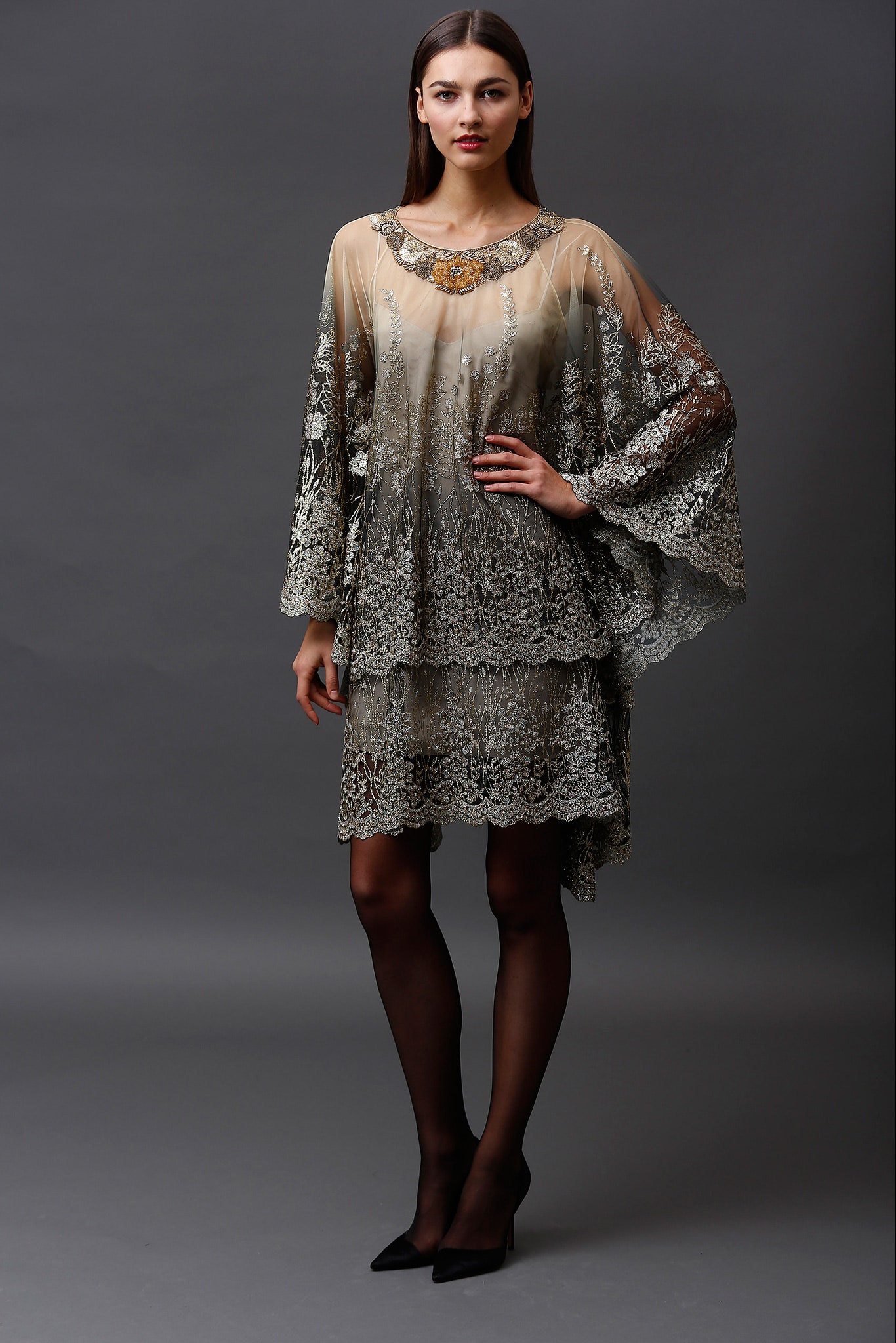 beige silk sleeveless high-neck relaxed layered embroidered dress
