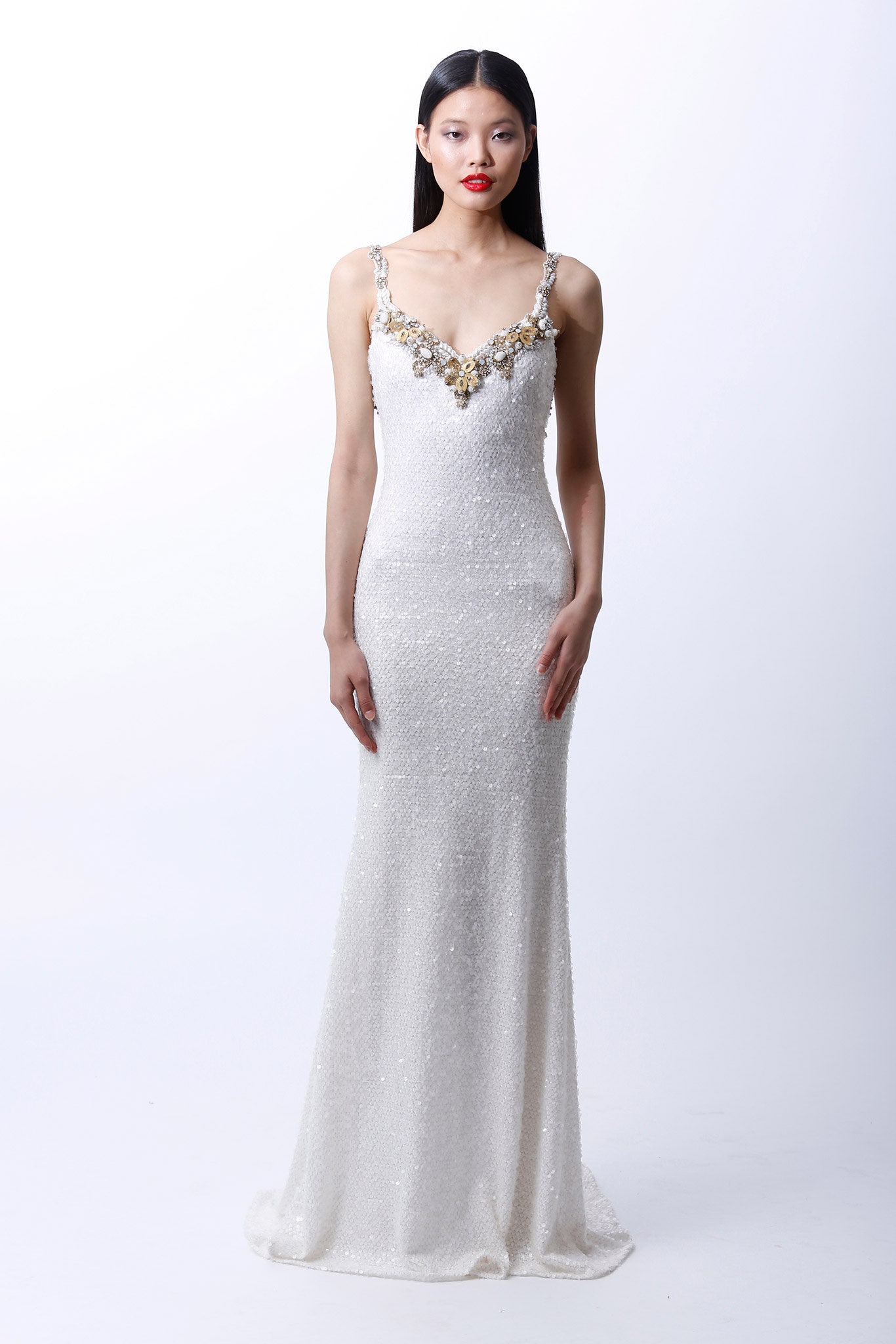 white embellished sleeveless gown