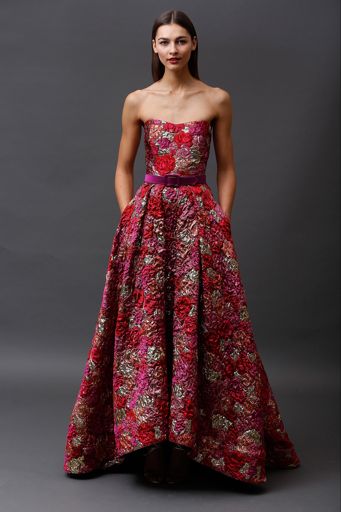 red pink gold strapless gown