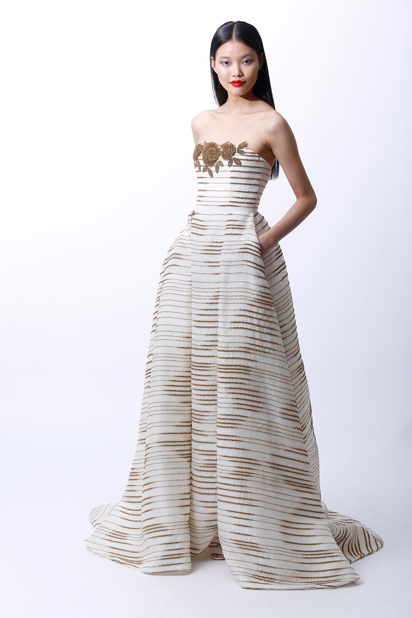 white gold strapless gown