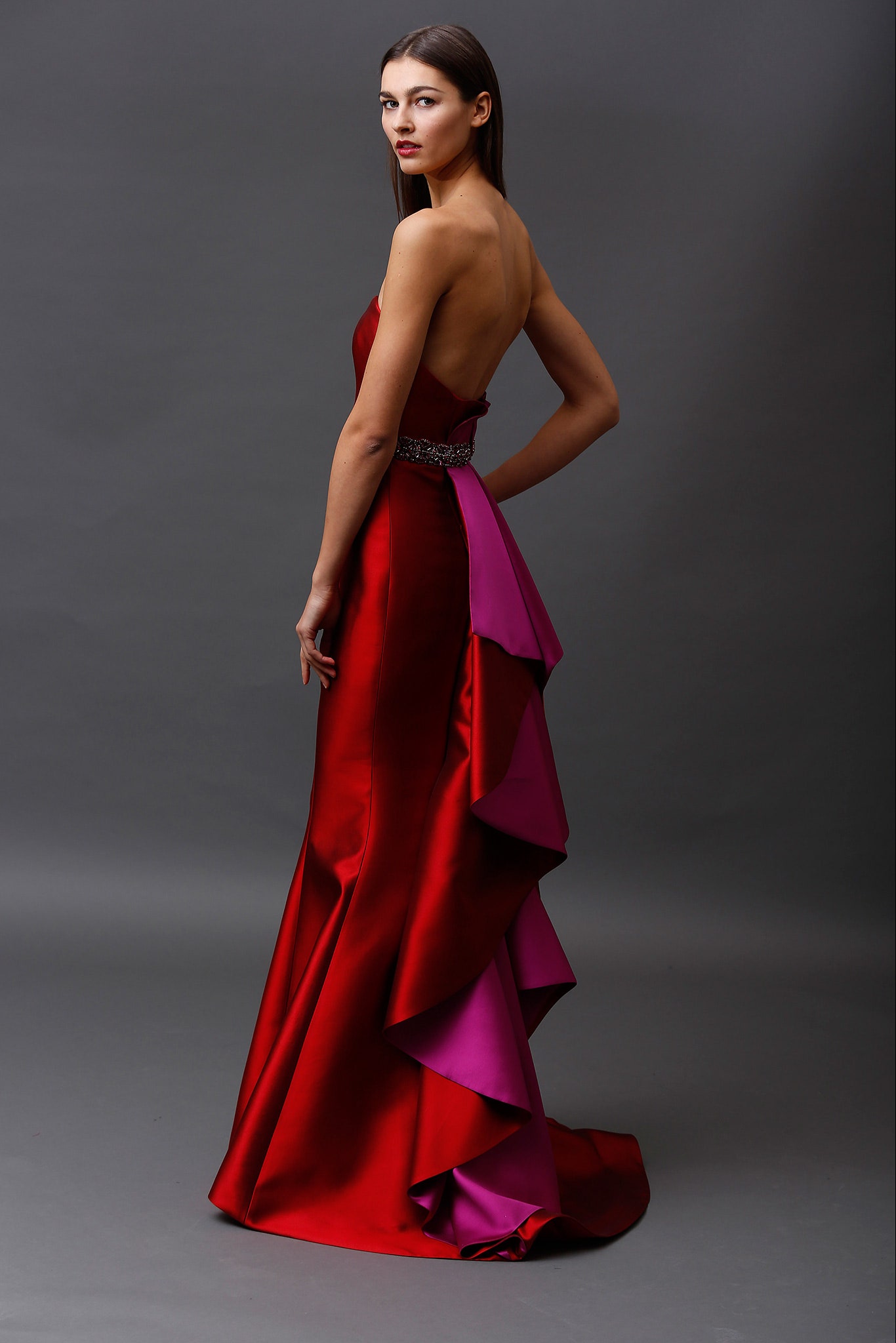 red silk backless gown
