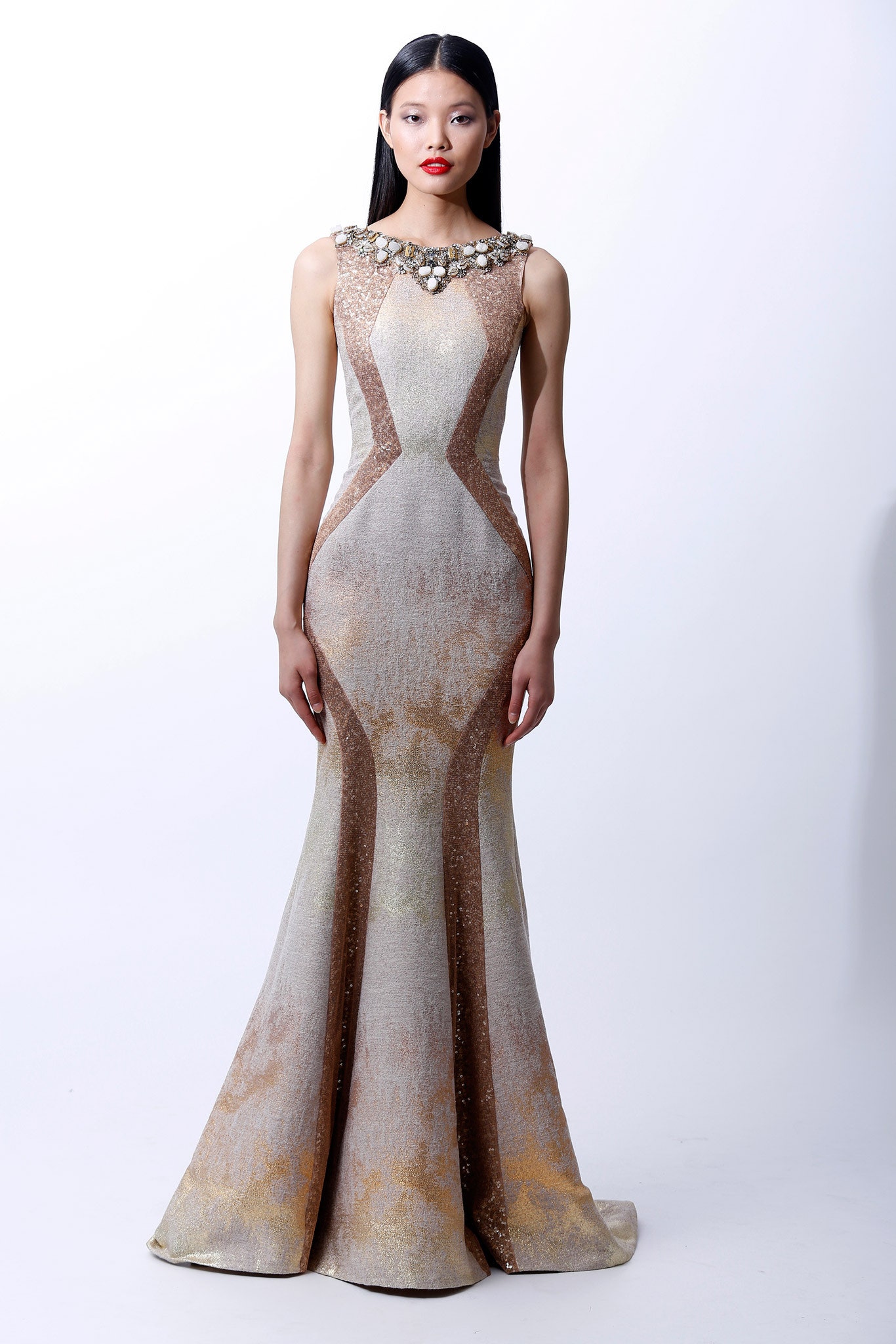 gold and beige fitted gown