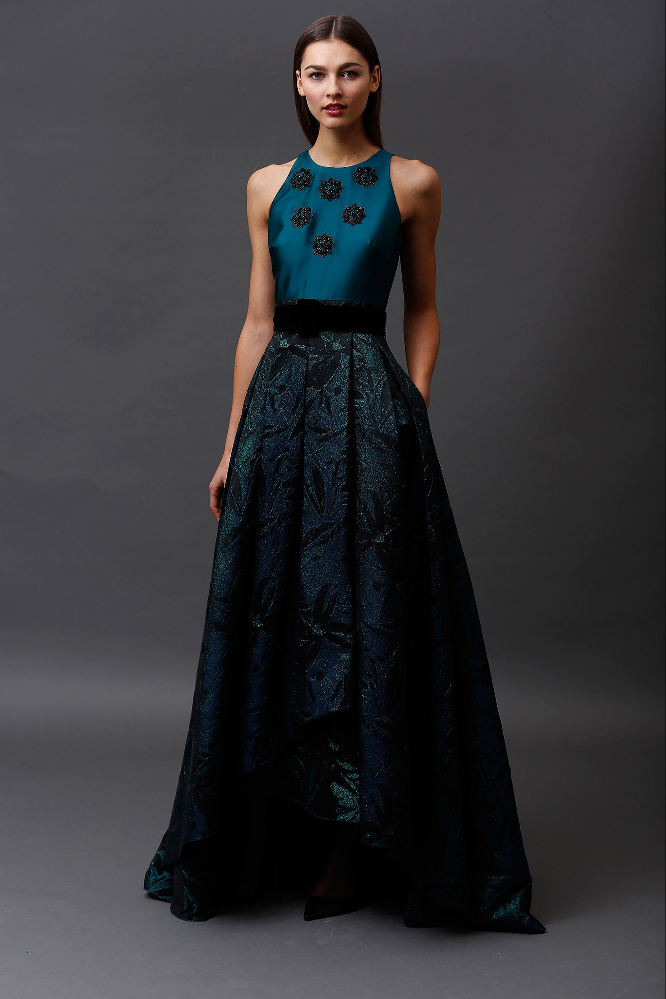 teal and black pleated gown