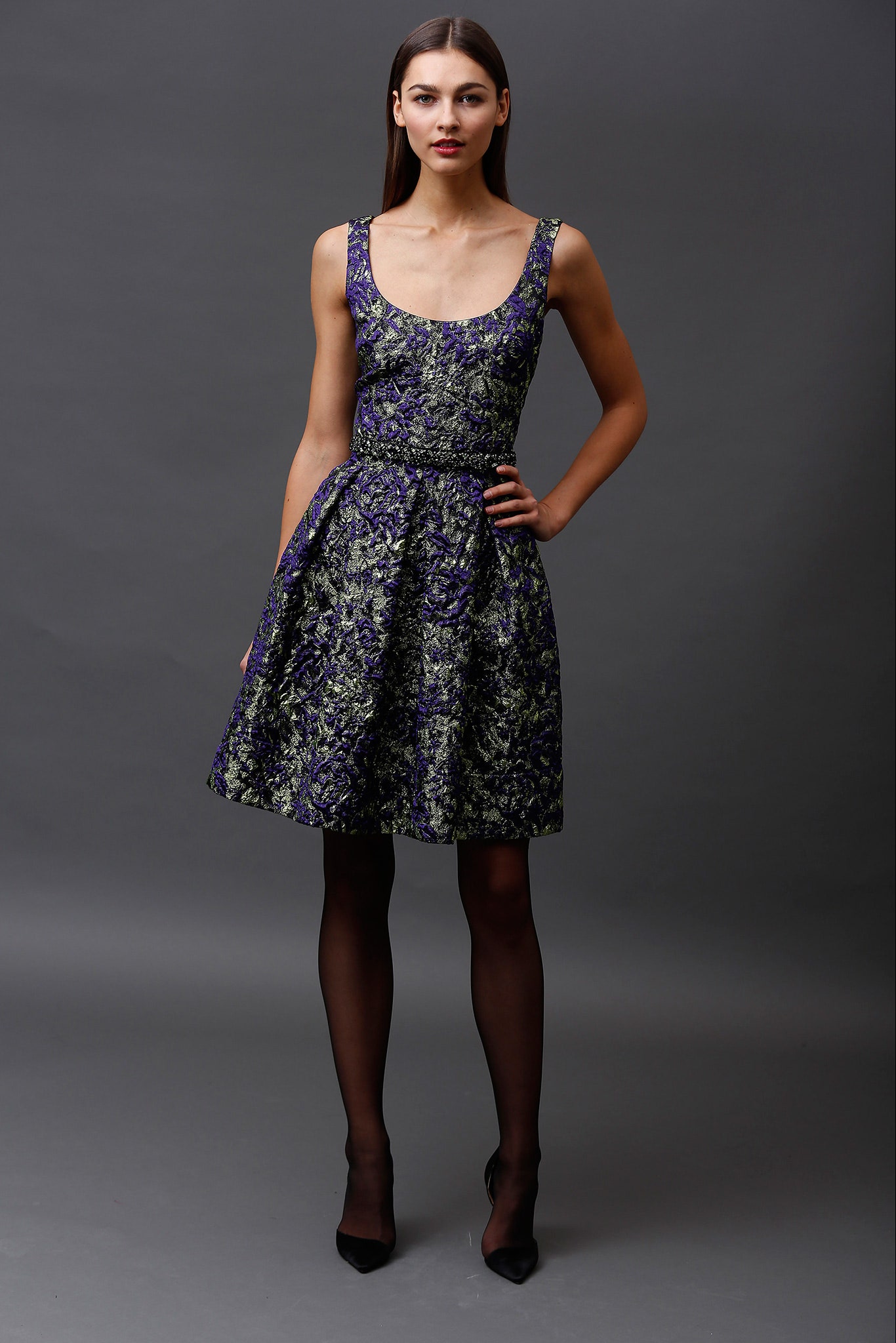 purple and green pleated dress