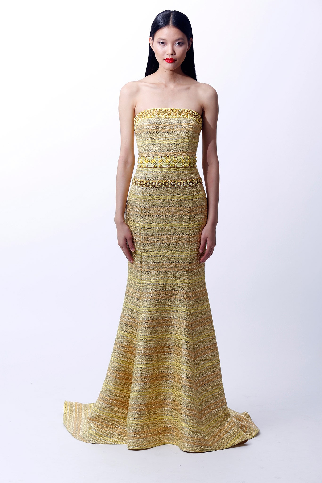 fitted strapless yellow gown
