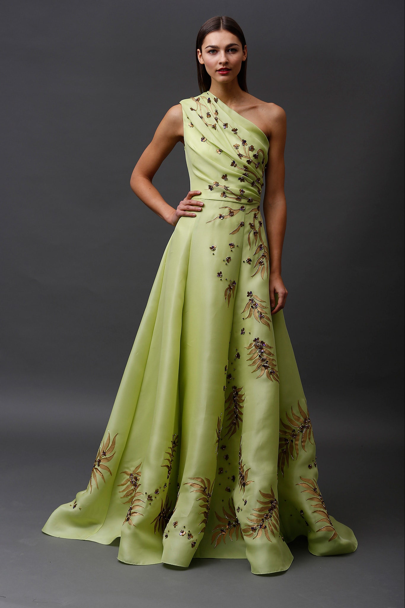 green silk sleeveless gown