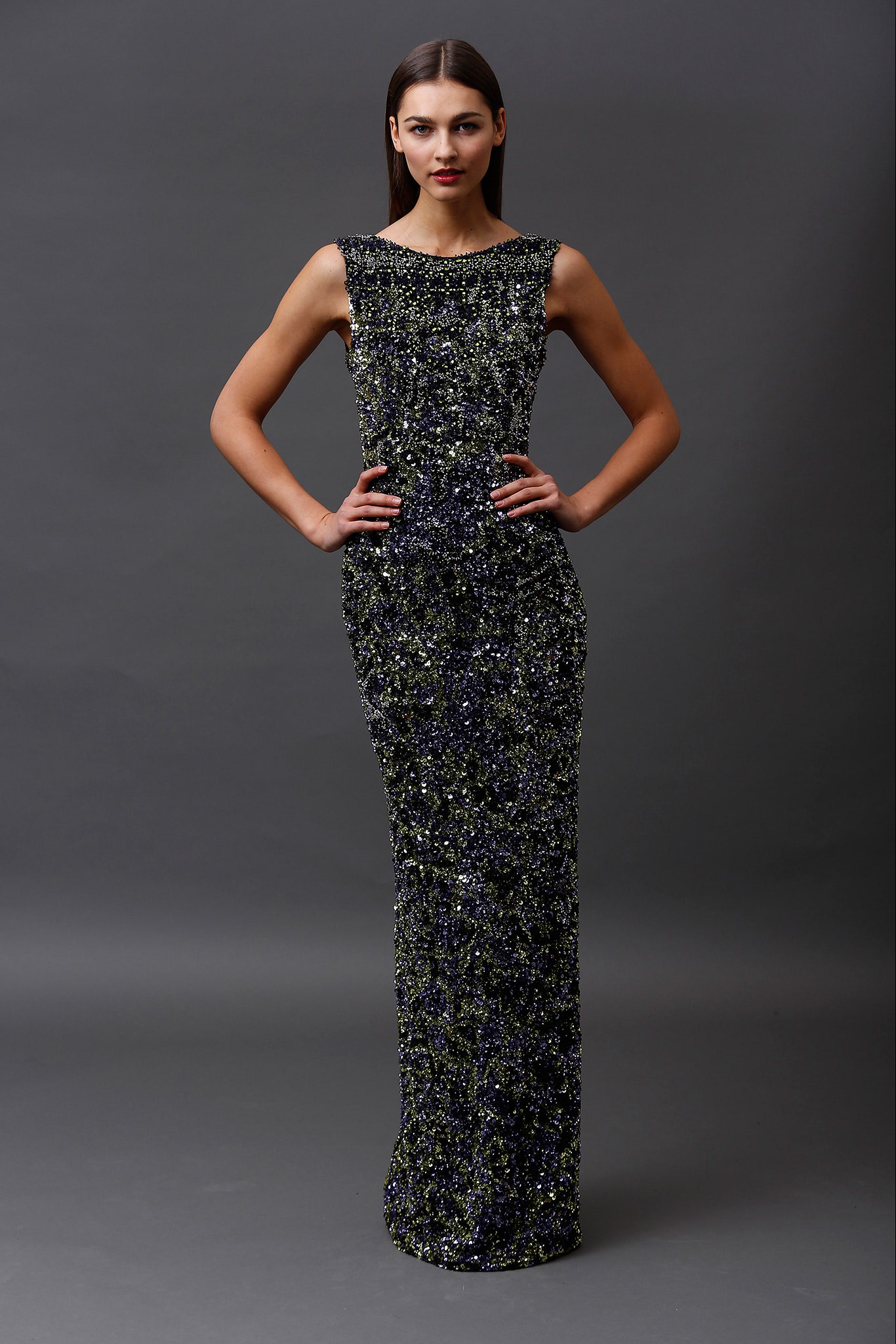 black green purple embellished gown