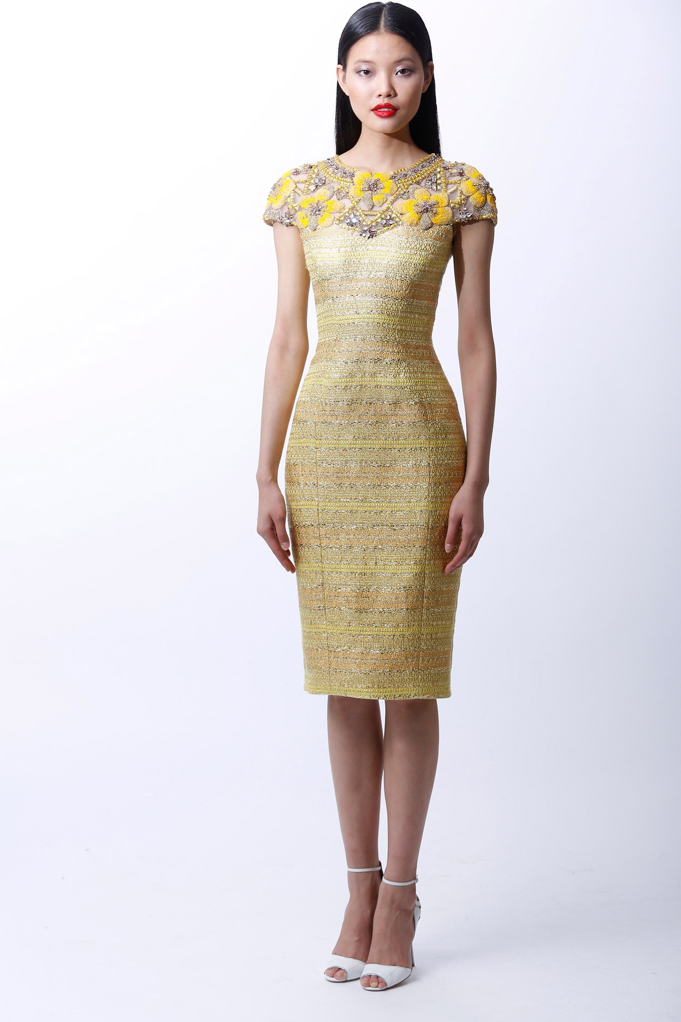 fitted yellow embroidered dress