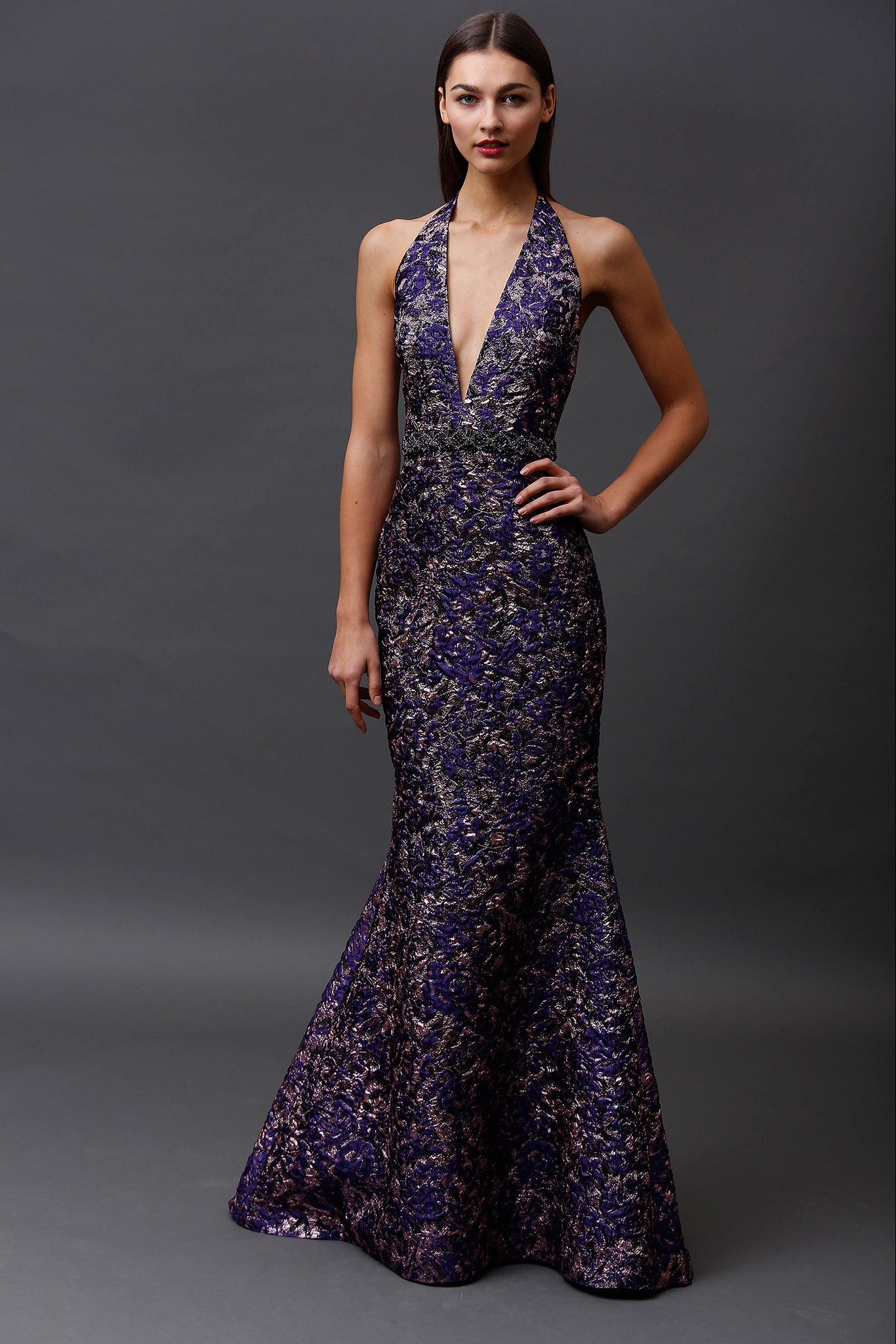 purple gold lace fitted gown