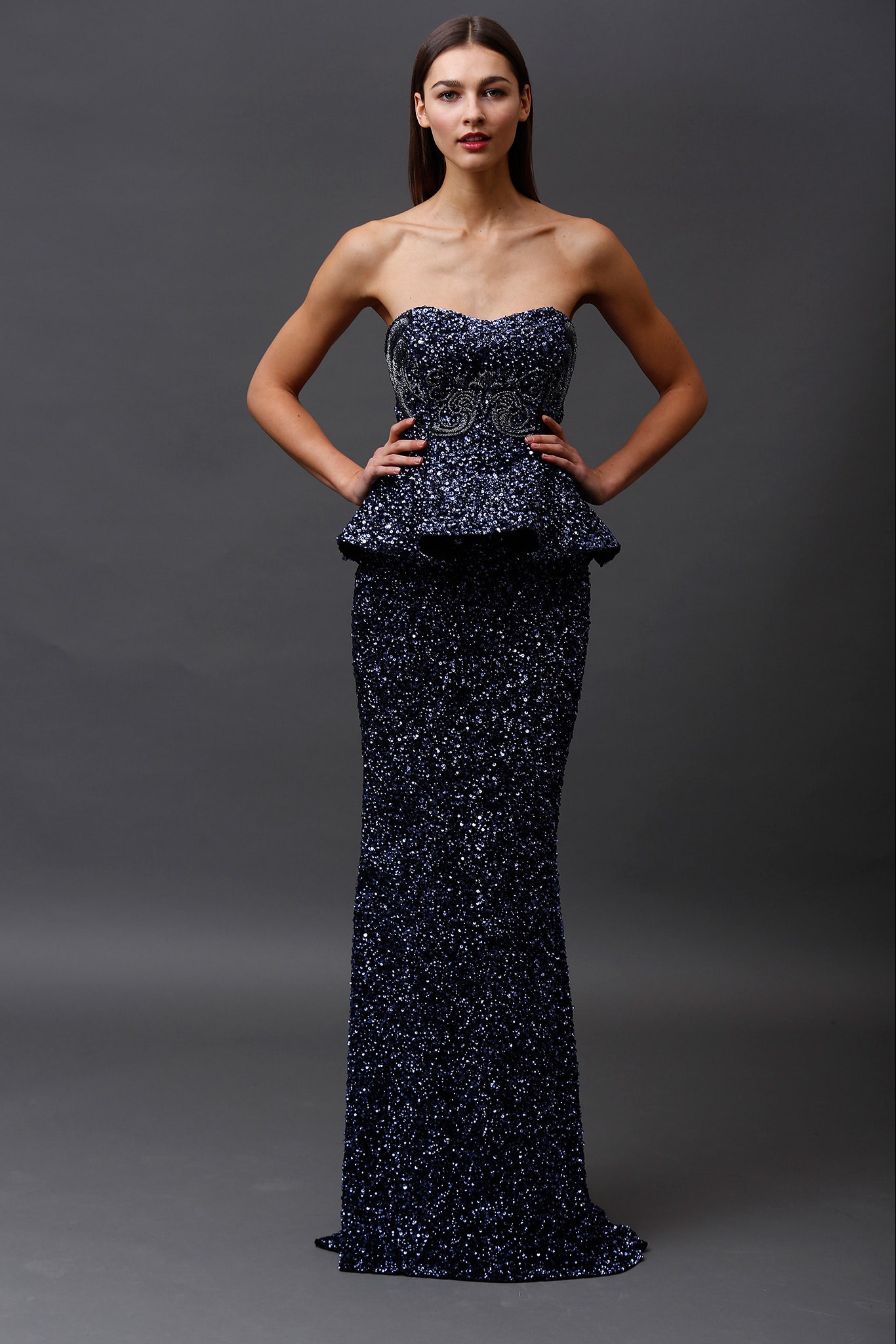 black sequin strapless gown
