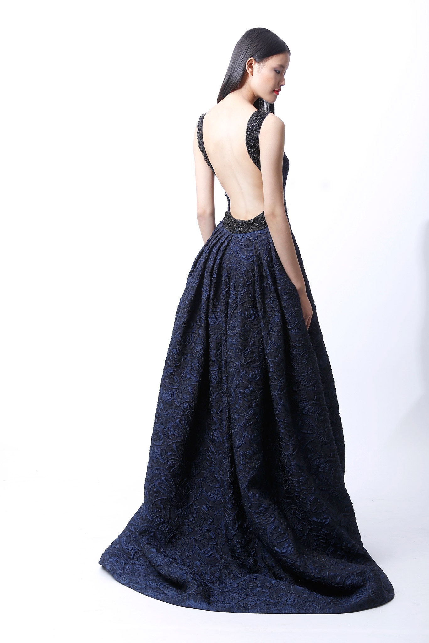 black and blue embroidered gown