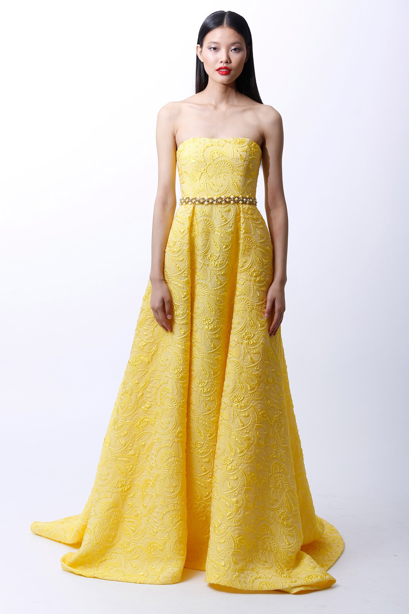 yellow embroidered strapless gown