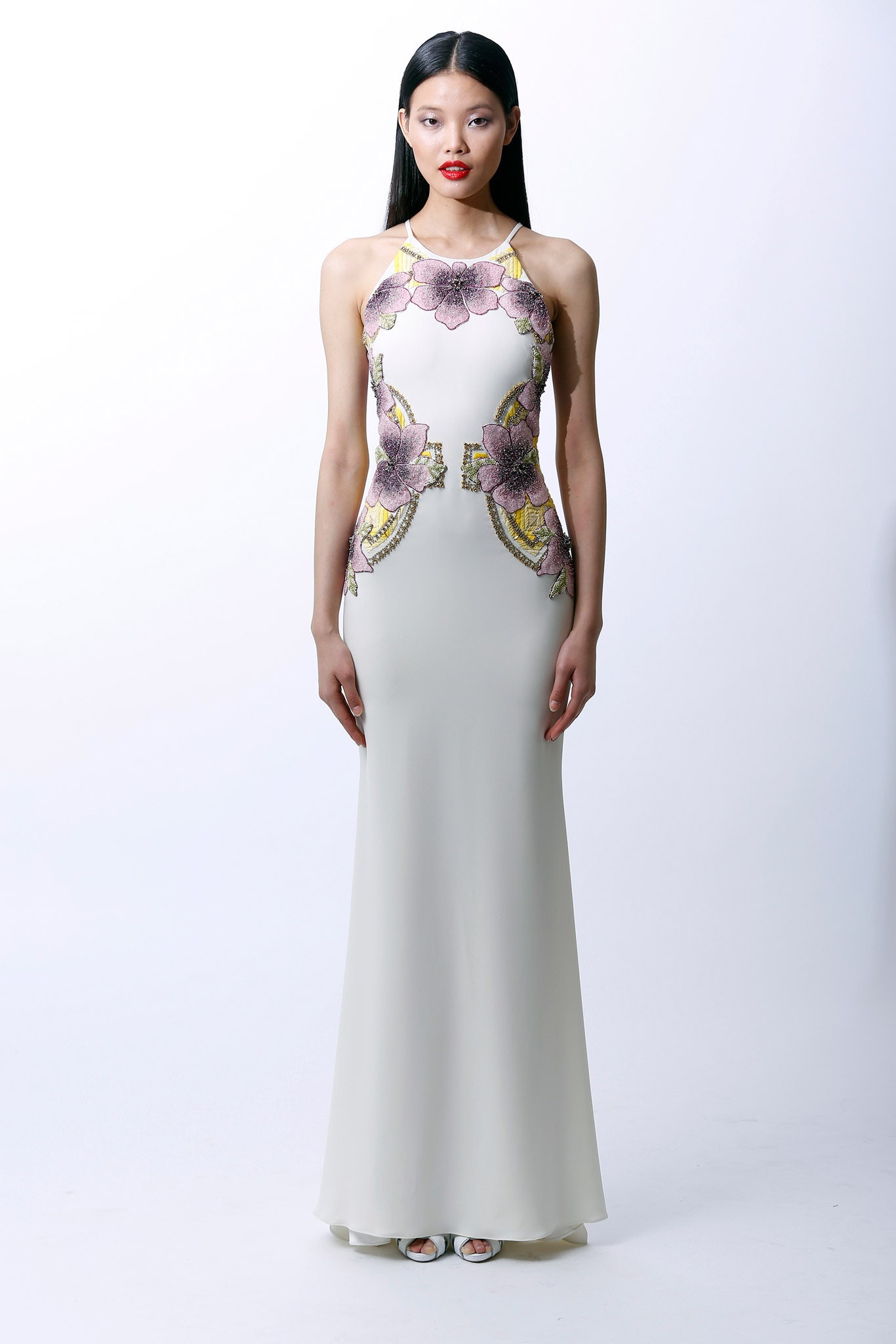 white silk embroidered gown