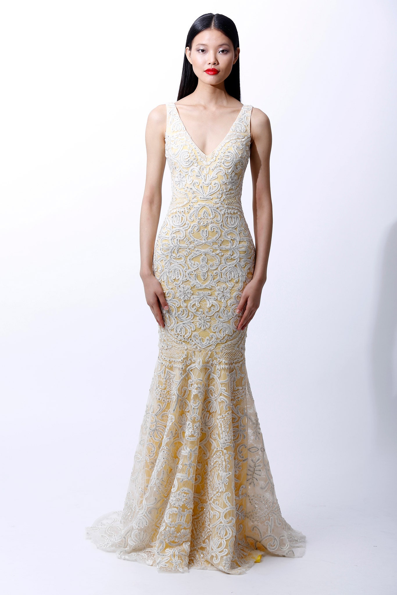 yellow white embroidered gown