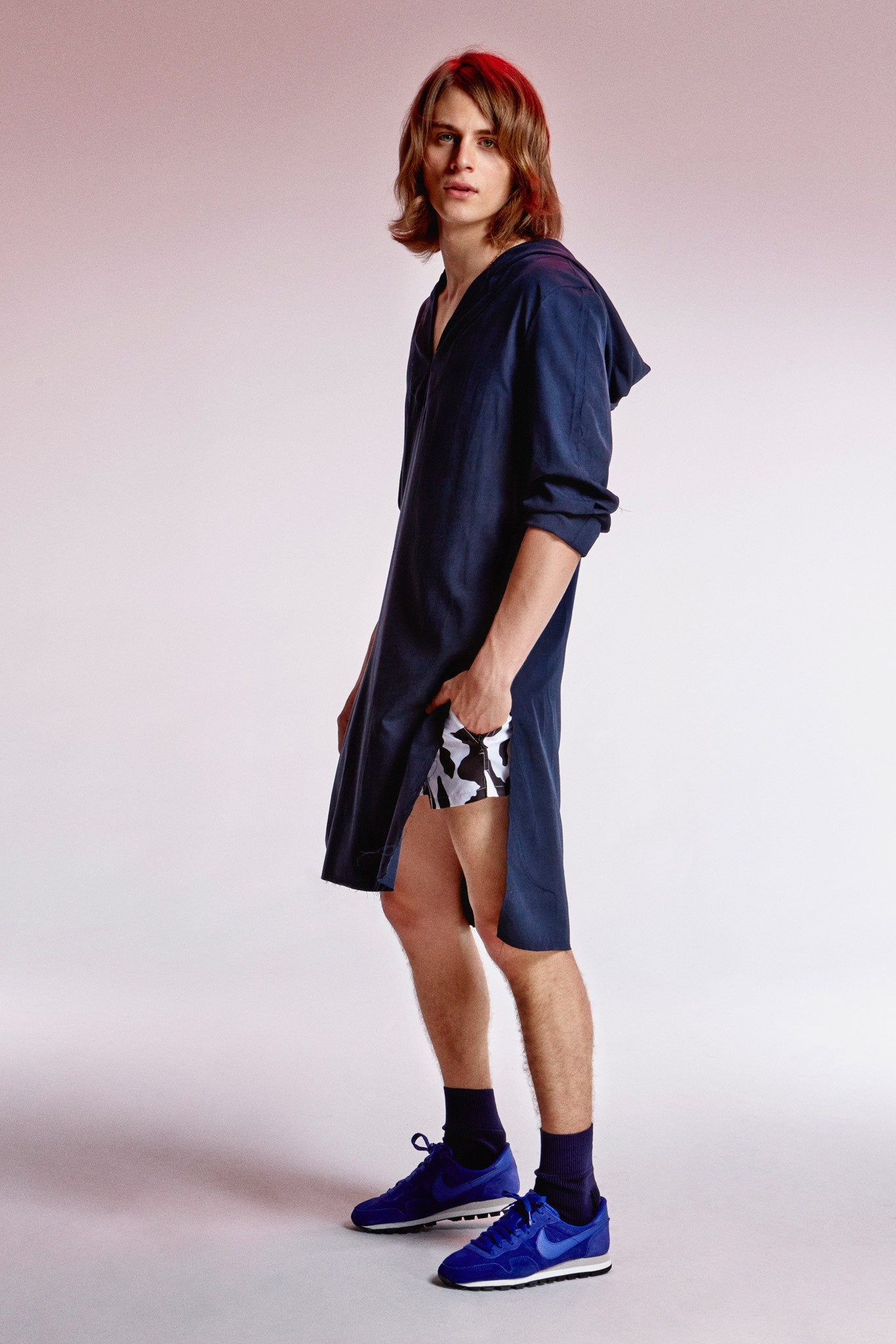 blue hoodie with printed shorts