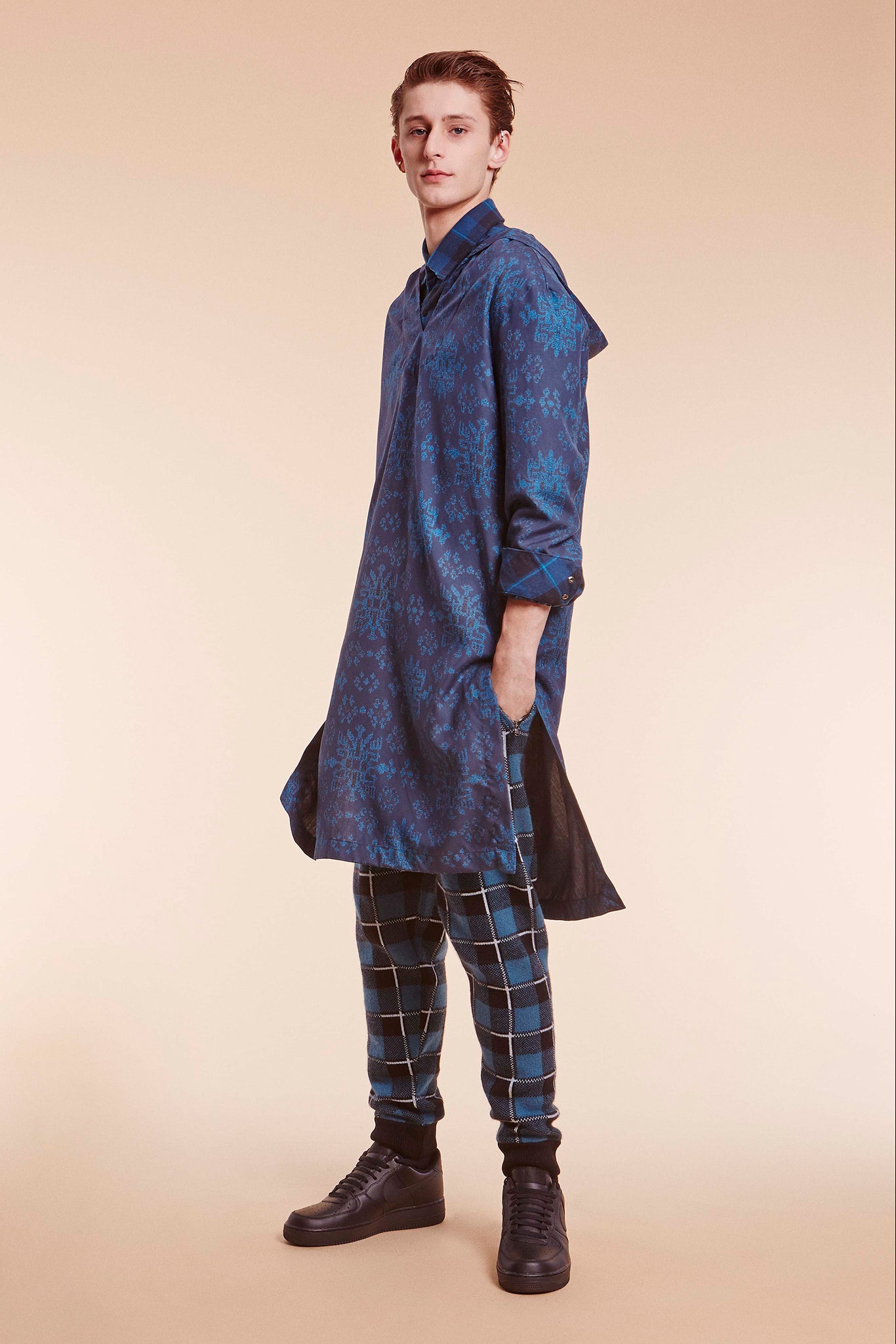 blue printed shirt-dress with checked pants