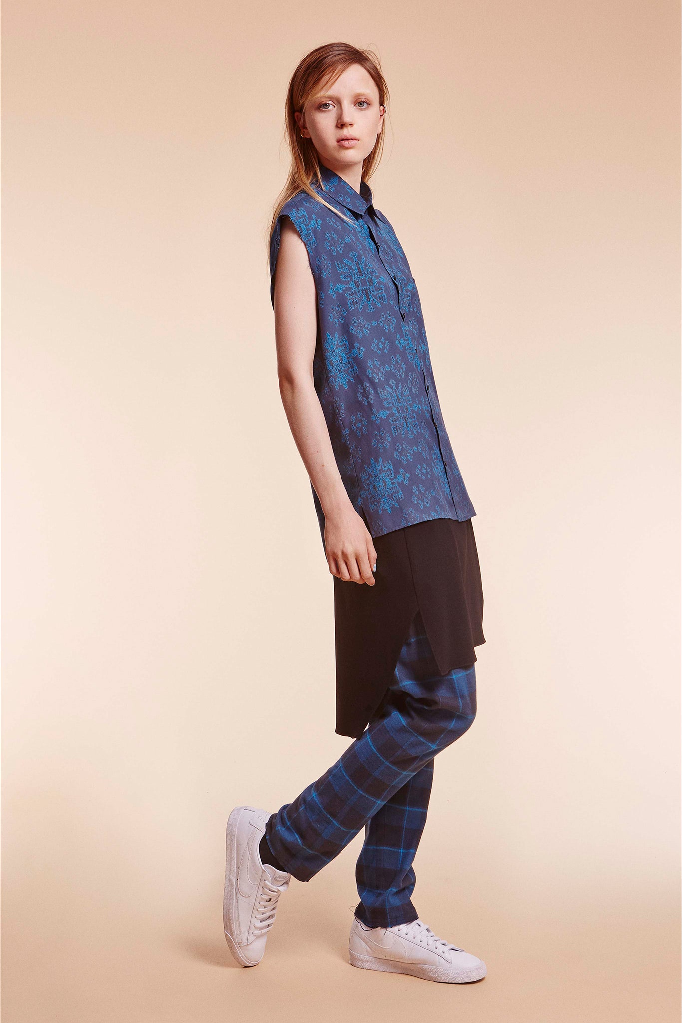 blue printed shirt with black skirt