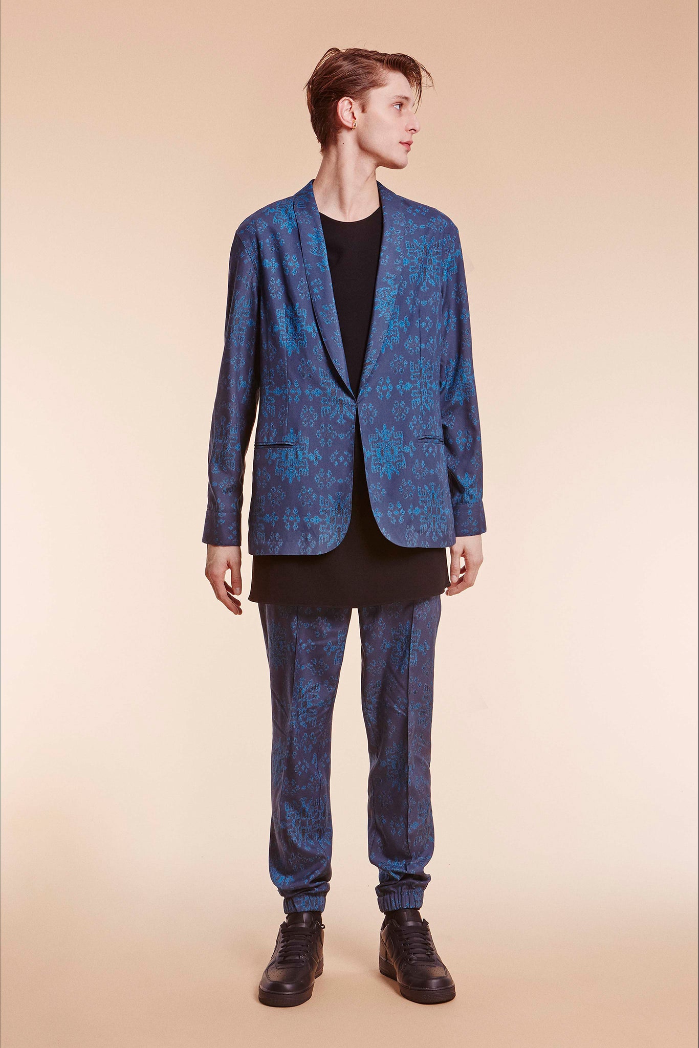 blue printed blazer and pants