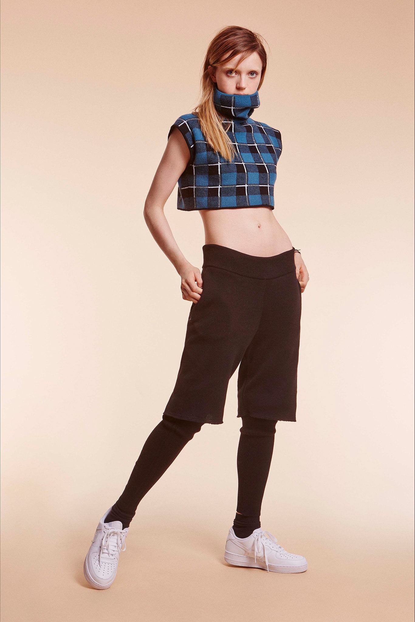 blue checked cropped top with black shorts
