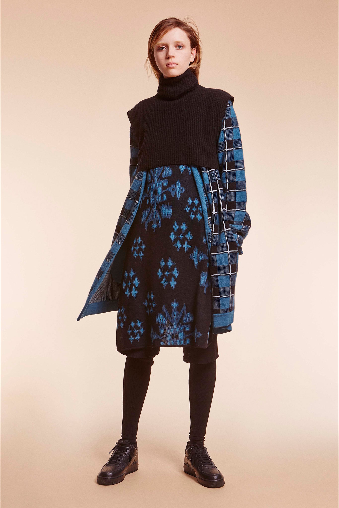 black and blue printed midi dress with coat