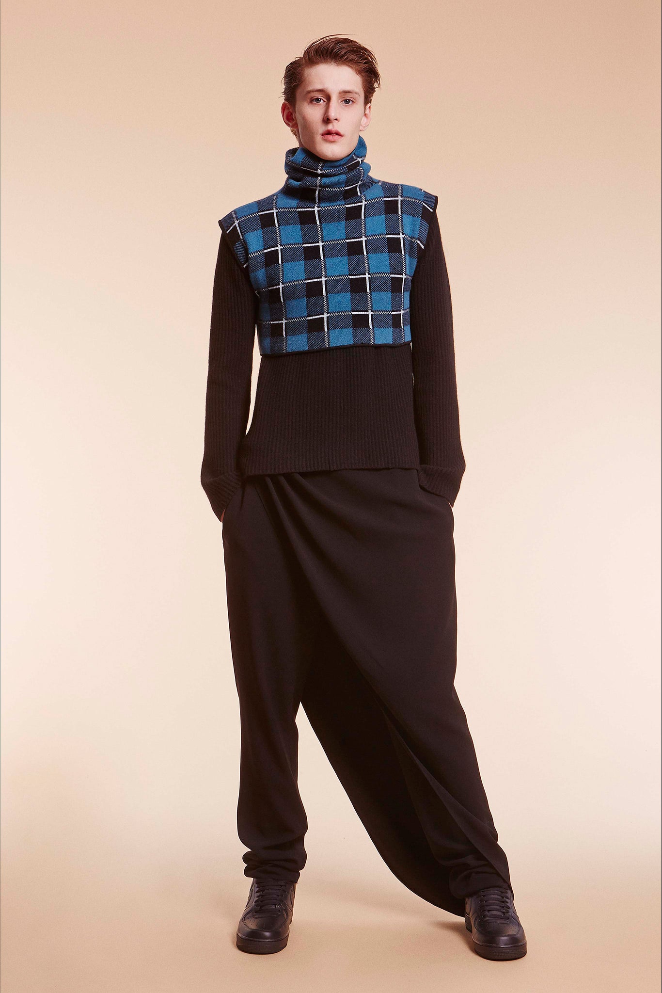 black and blue checked top with relaxed pants