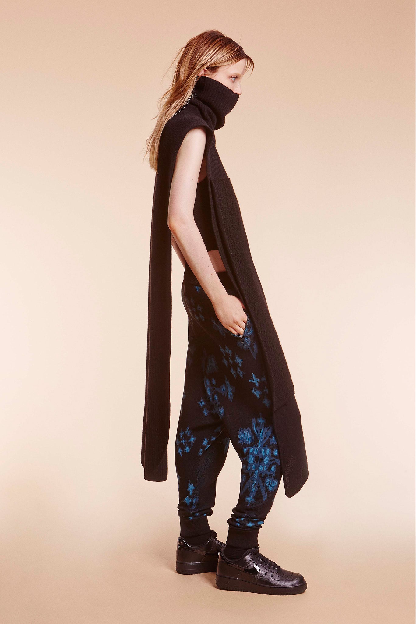 black fitted top with relaxed pants