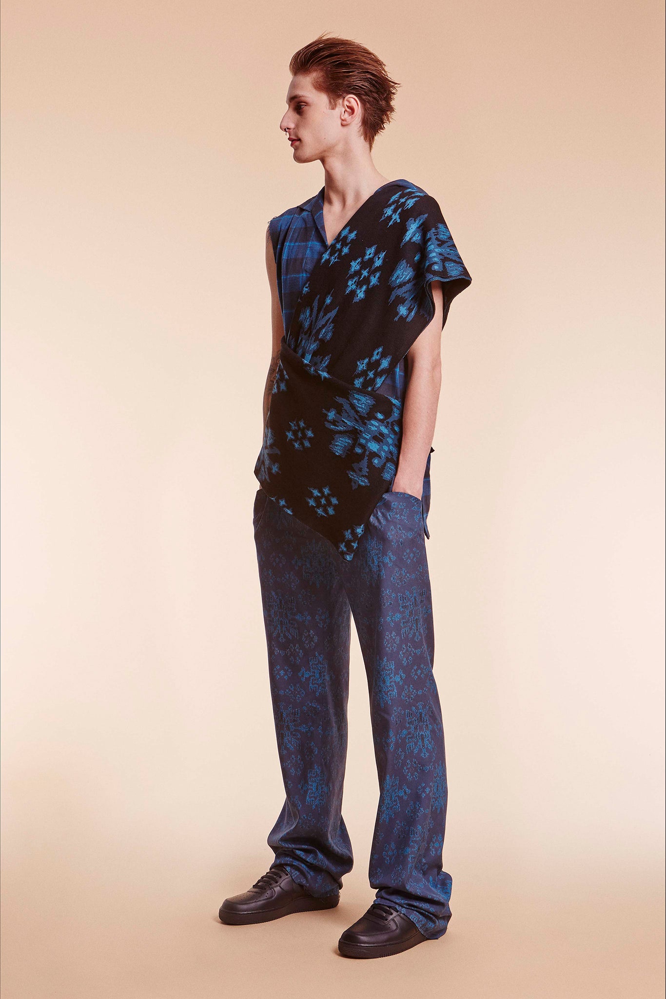 relaxed black and blue top with pants