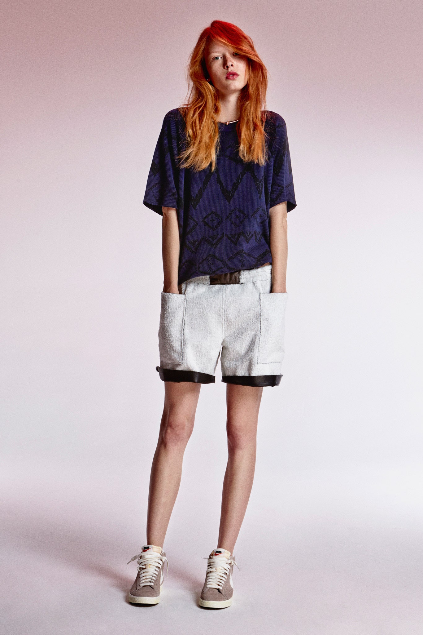 blue printed relaxed top with white shorts