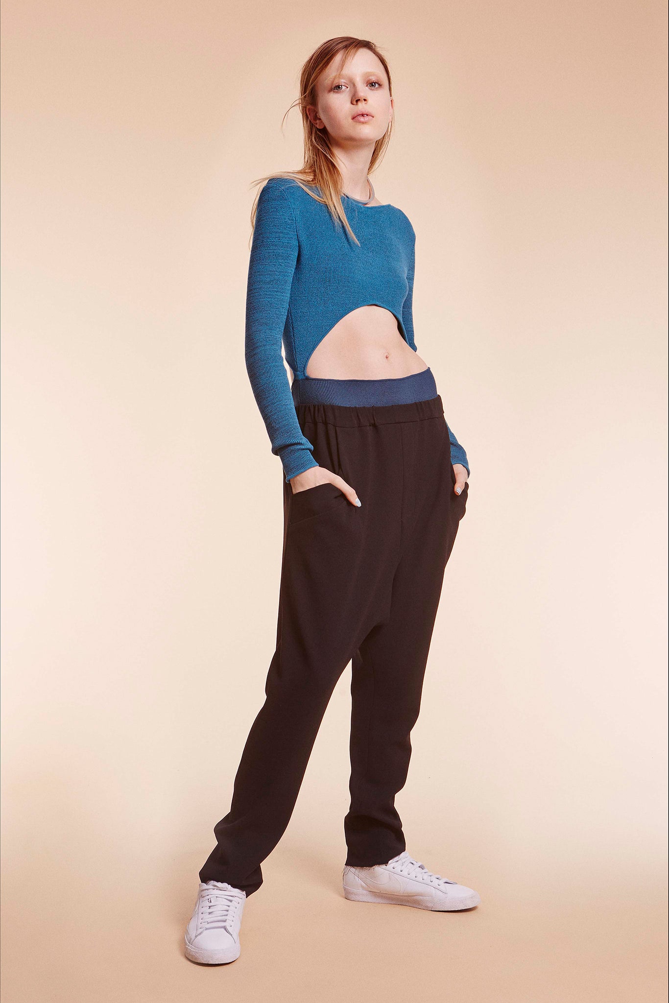 blue fitted top black relaxed pants