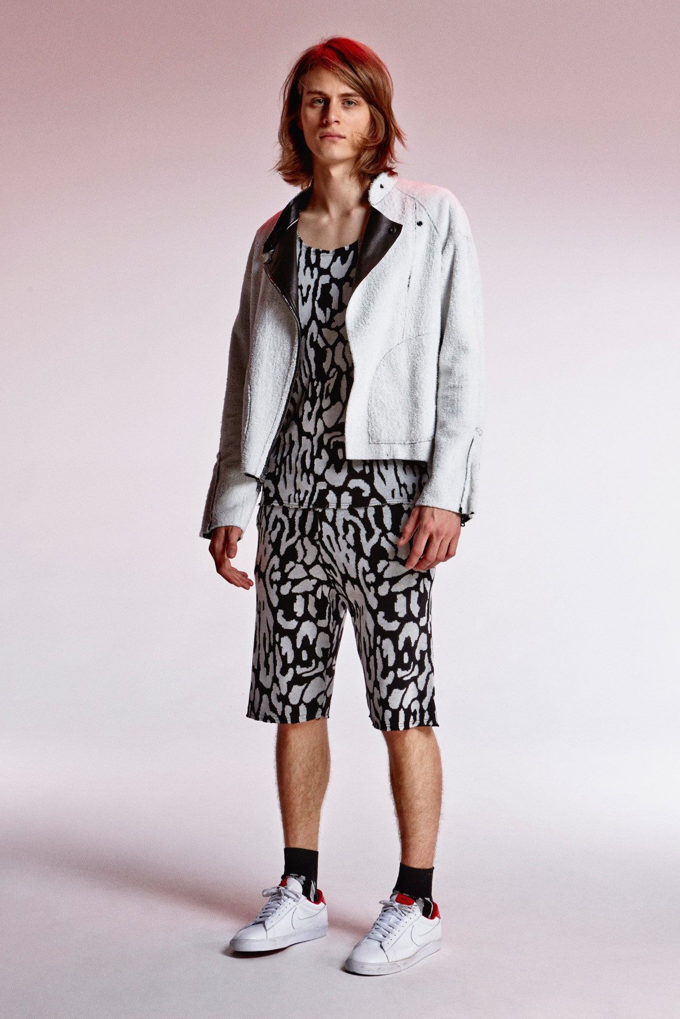 white leather jacket and printed romper