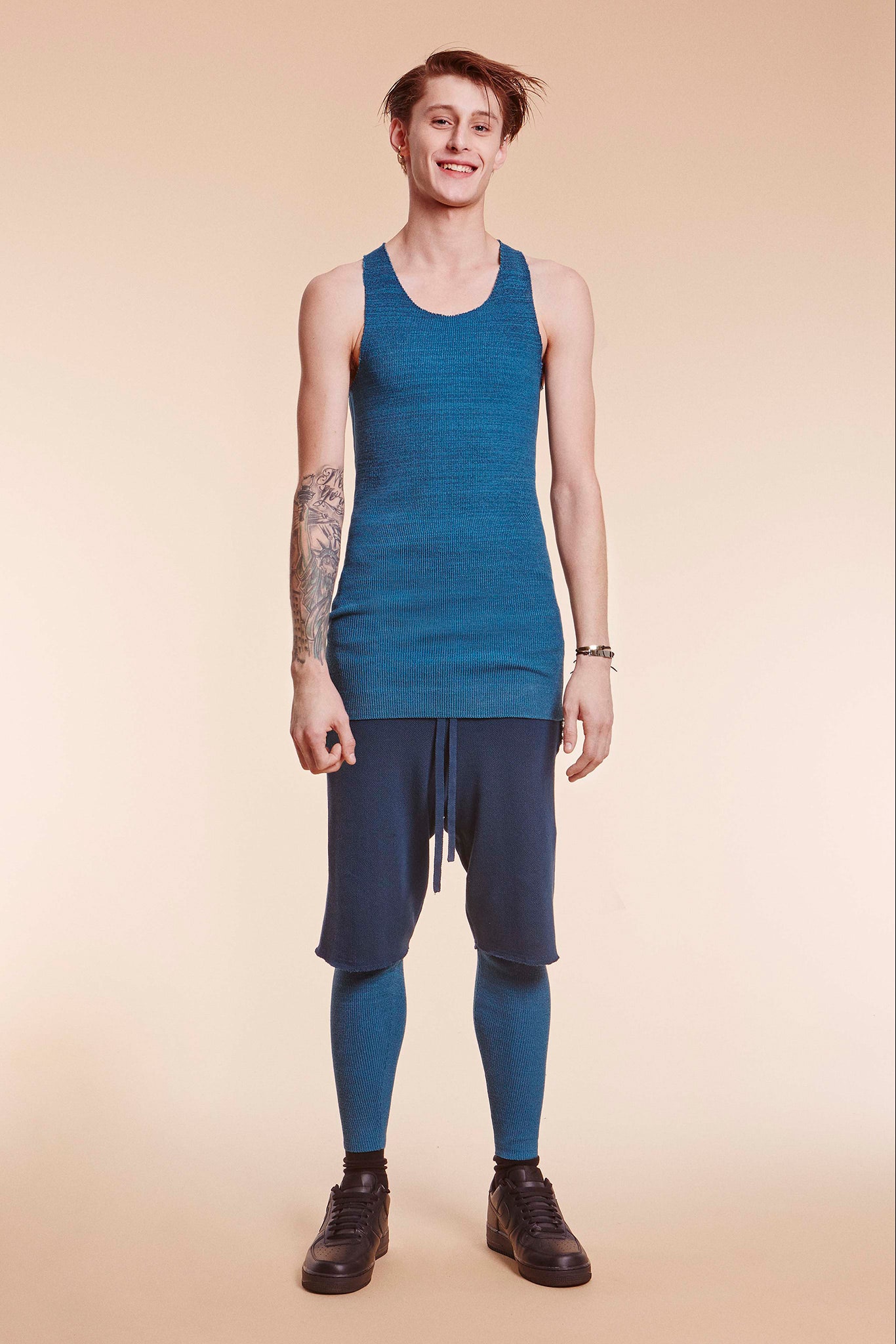 blue tank-top and pants outfit