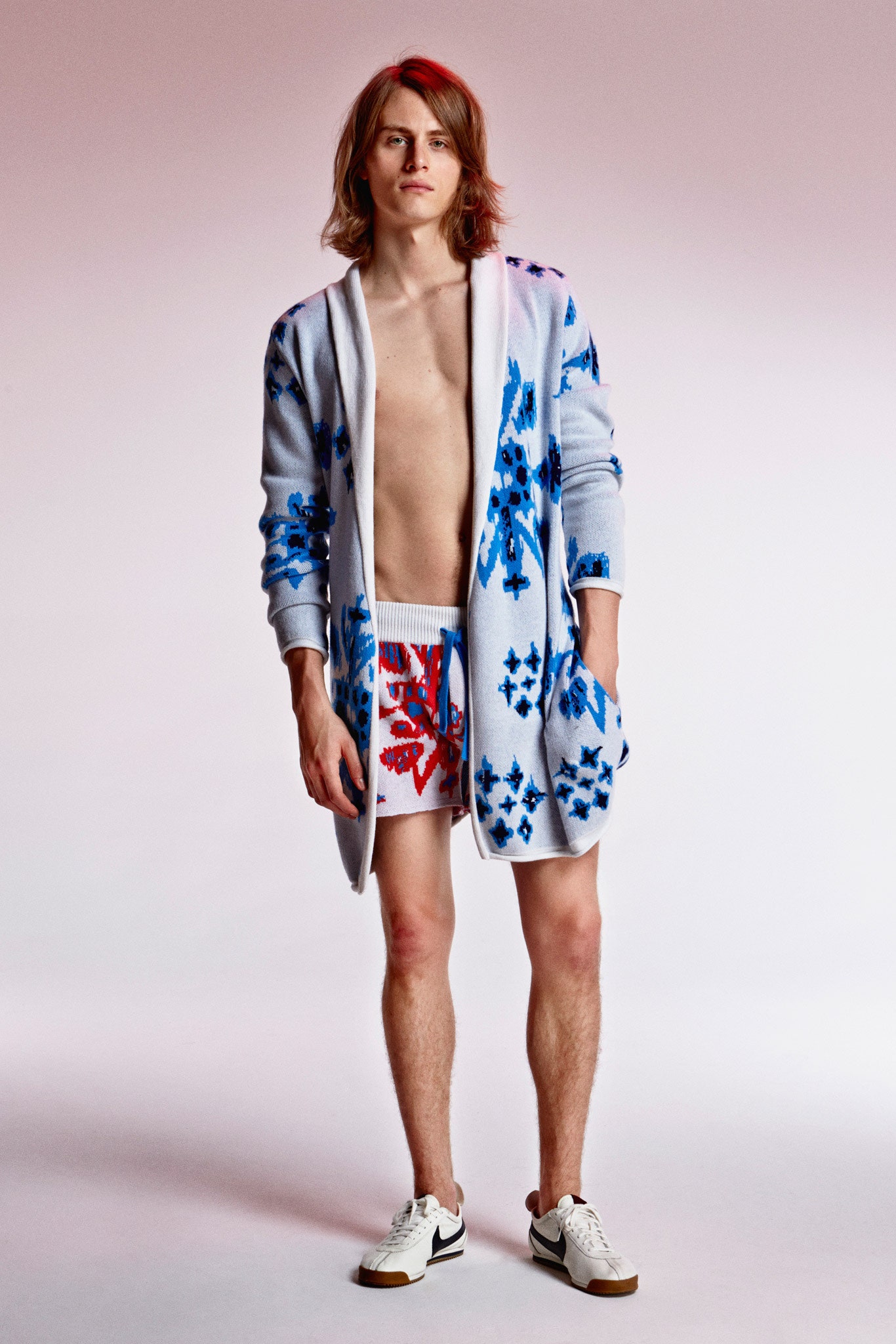 blue embroidered cardigan and printed shorts