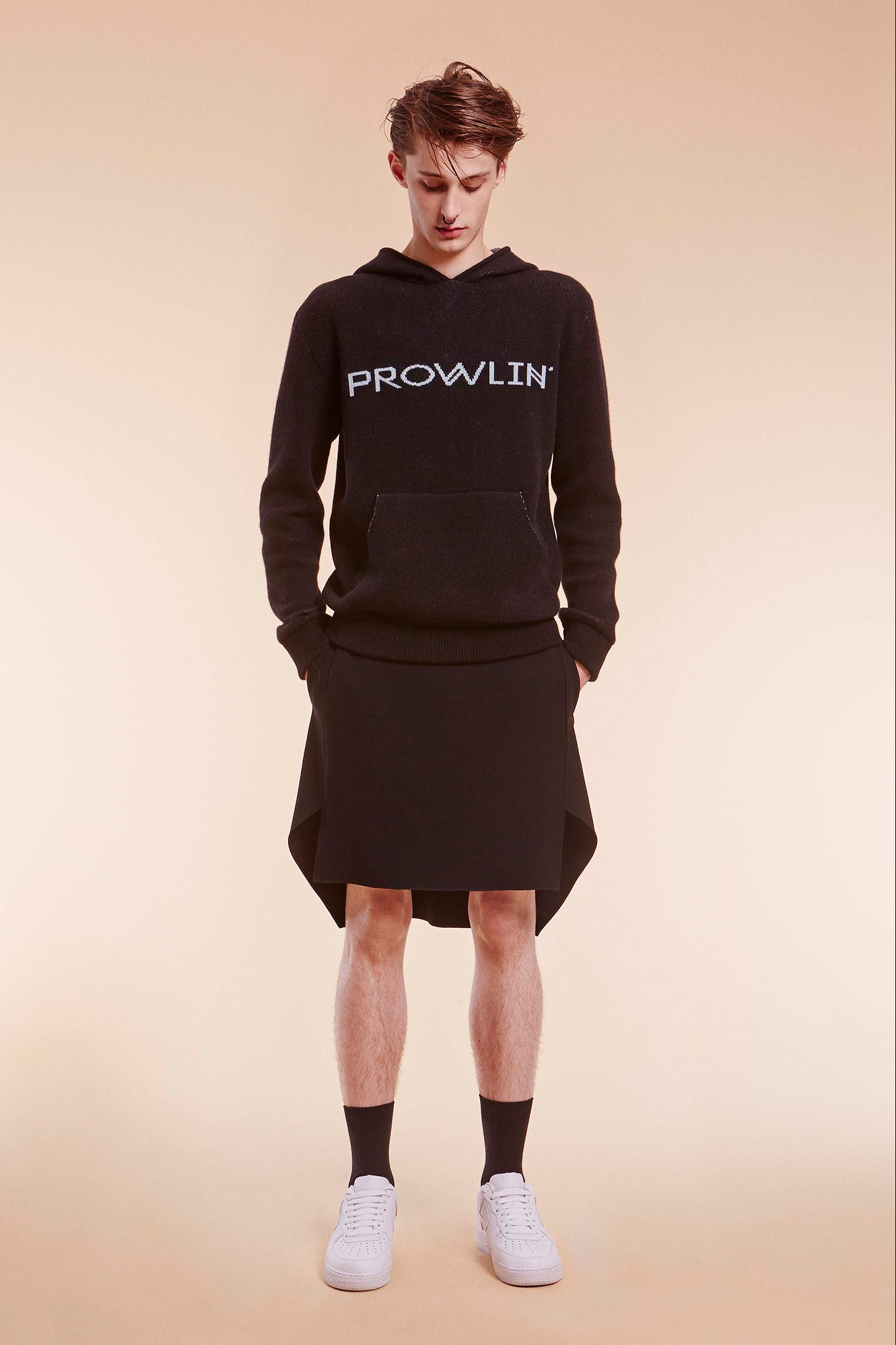 black hoodie and asymmetric skirt