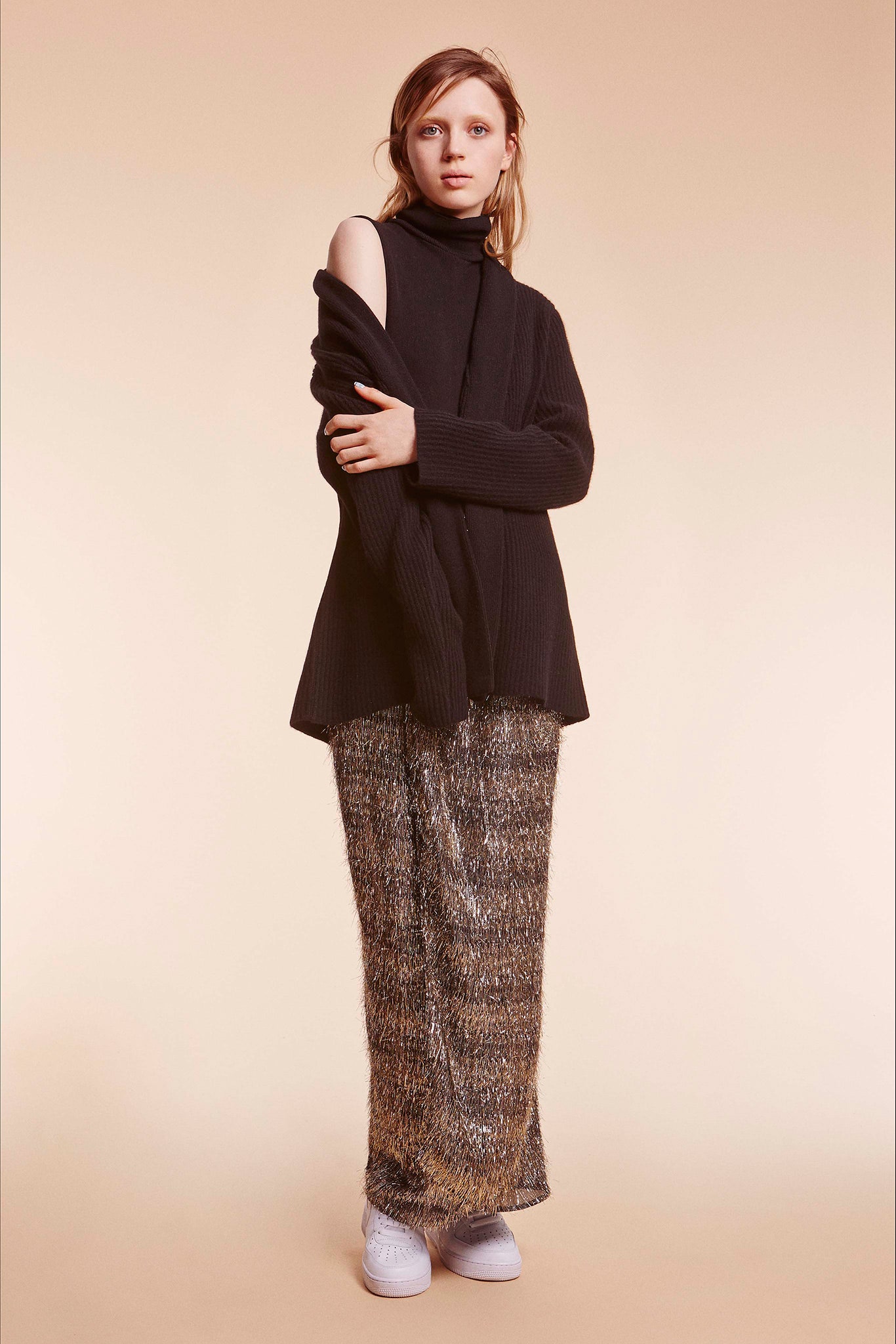 black wool top with metallic skirt