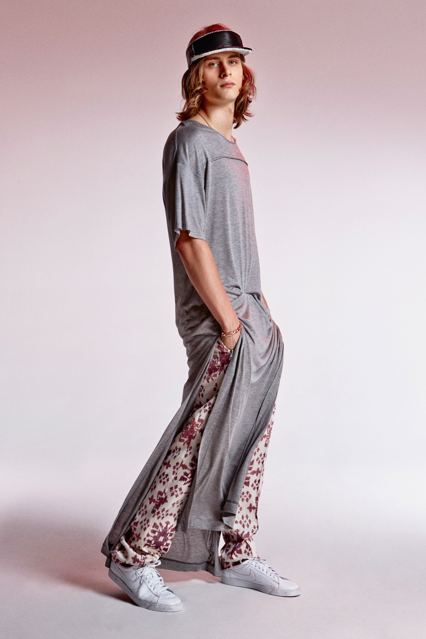 gray cotton short-sleeve collared relaxed layered maxi t-shirt