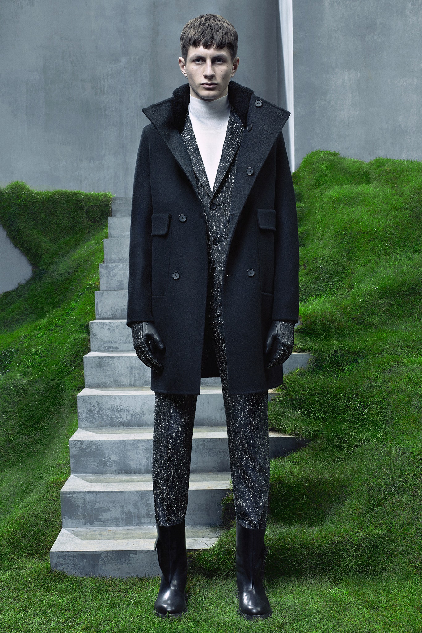 black wool coat with gray suit