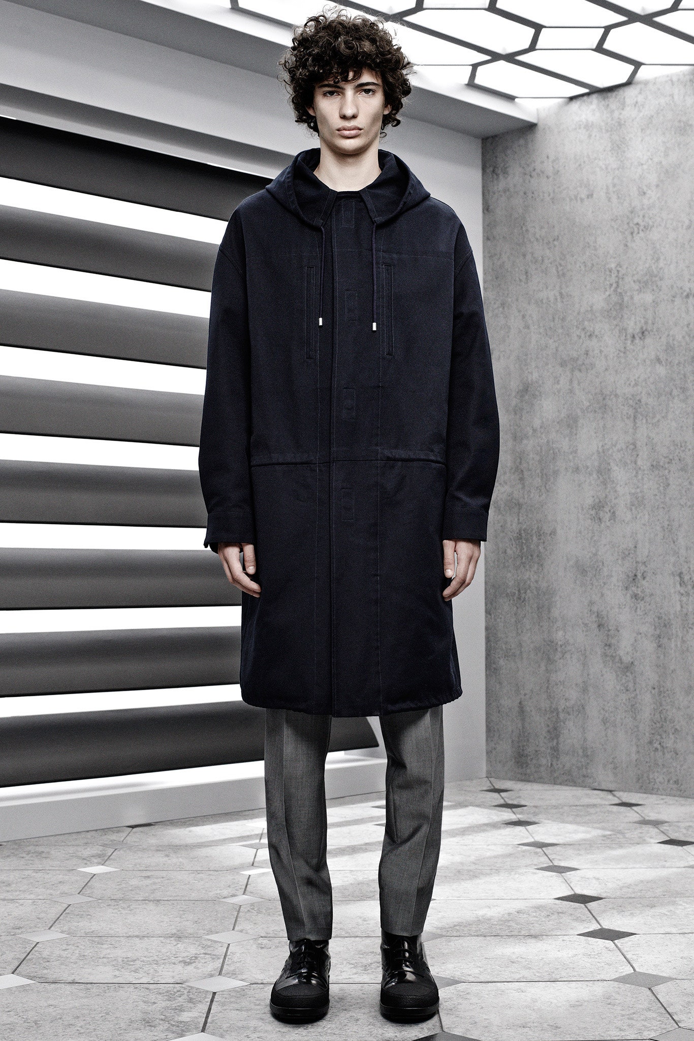 blue cotton coat with gray tailored pants