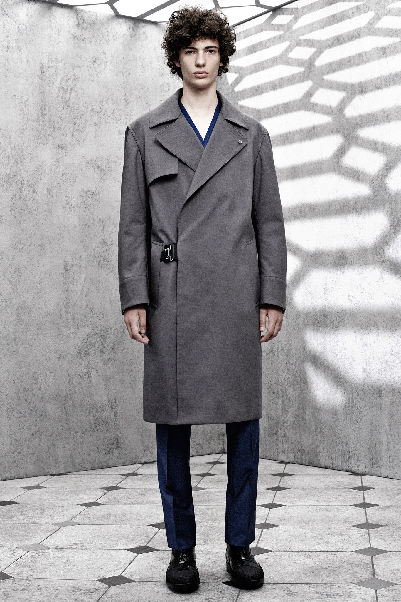 gray wool coat with blue pants
